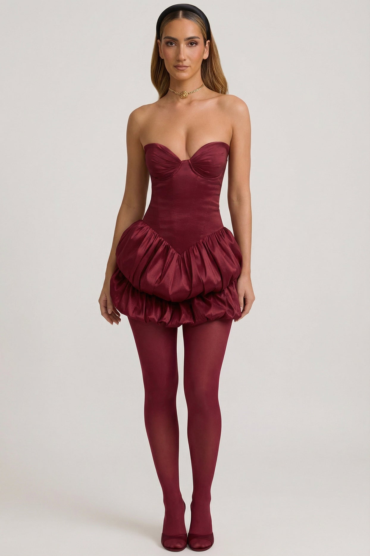 Satin Bubble Hem Corset Mini Dress in Wine Red - 5