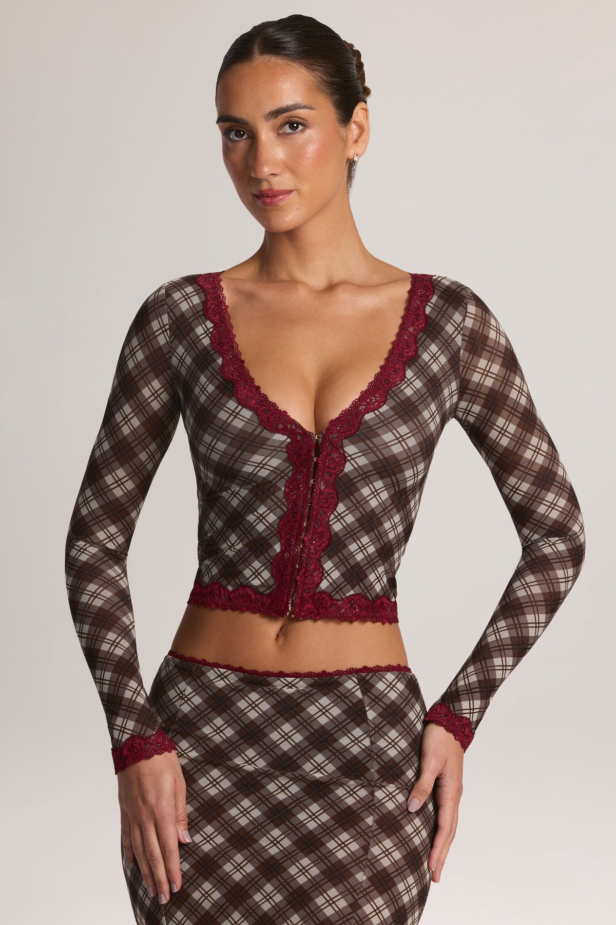 Lace-Trim Cropped Cardigan in Diagonal Check Print