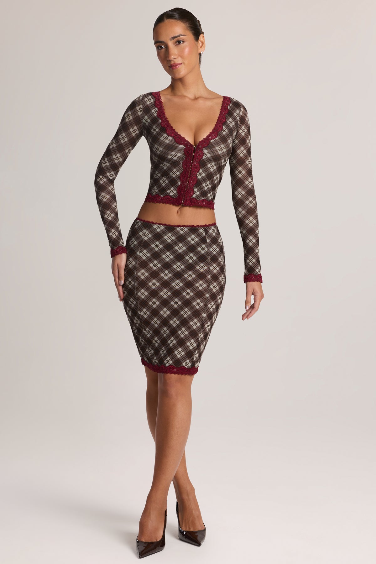Lace-Trim Cropped Cardigan in Diagonal Check Print