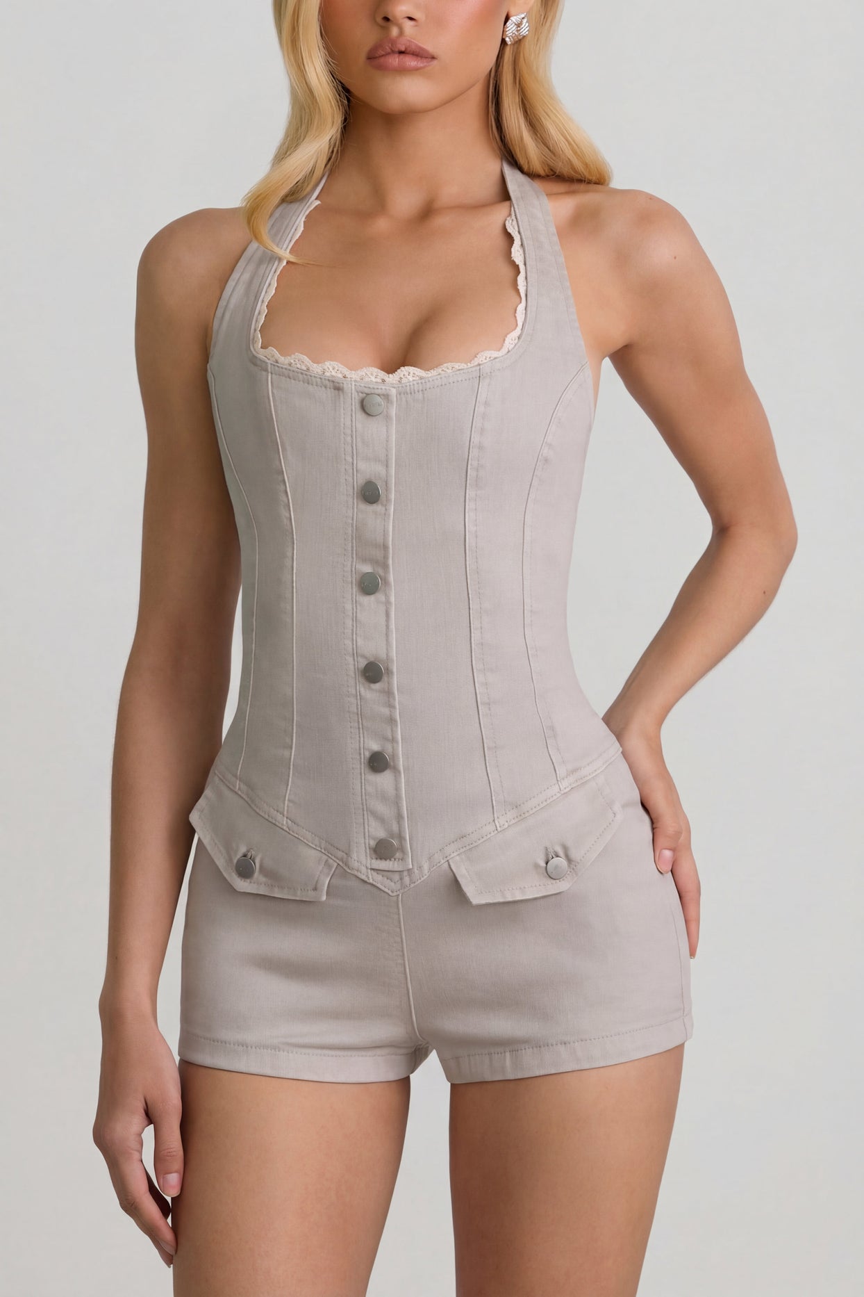 Button-Down Halterneck Playsuit in Ecru - 4
