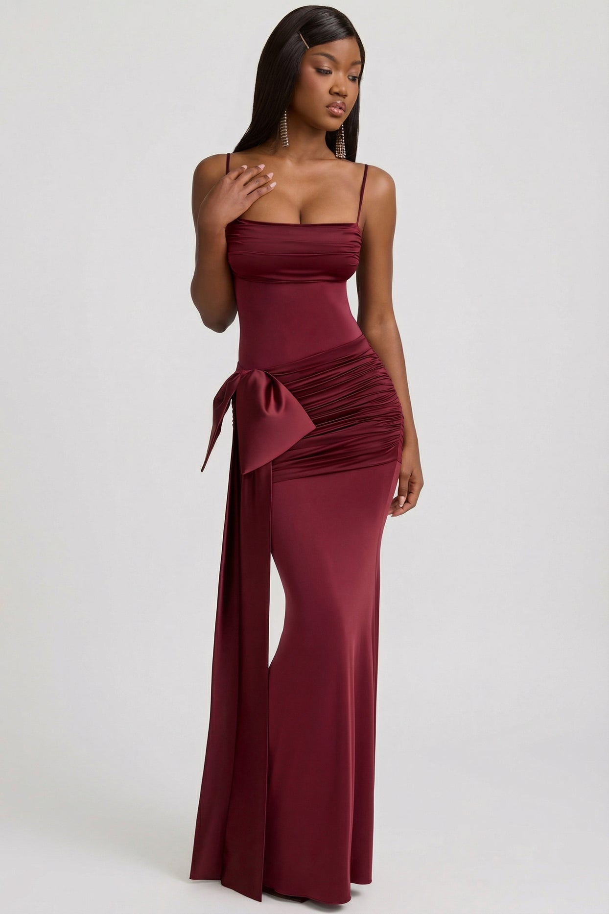 Bow-Detail Ruched Maxi Dress in Wine Red - 6
