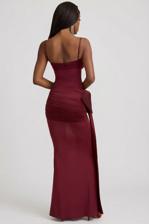 Oh Polly's Sevah wearing the Laurelina Maxi Dress in Wine Red Satin Jersey fabric perfect for elegant evening events