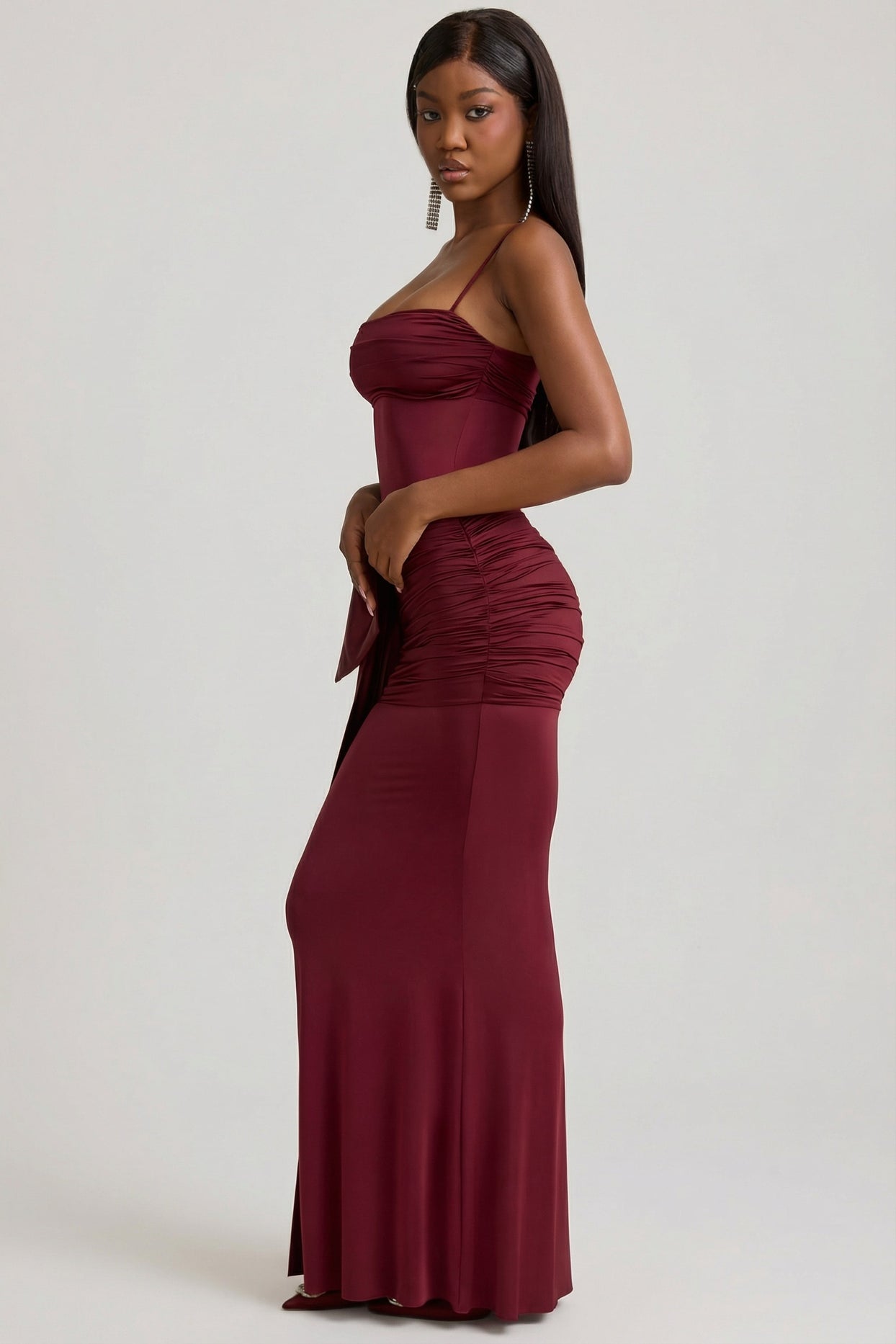 Bow-Detail Ruched Maxi Dress in Wine Red - 3