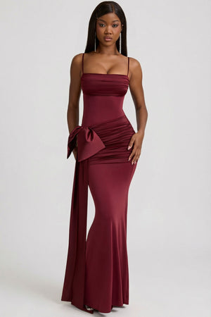Oh Polly's Sevah wearing the Laurelina Maxi Dress in Wine Red Satin Jersey fabric perfect for glamorous galas