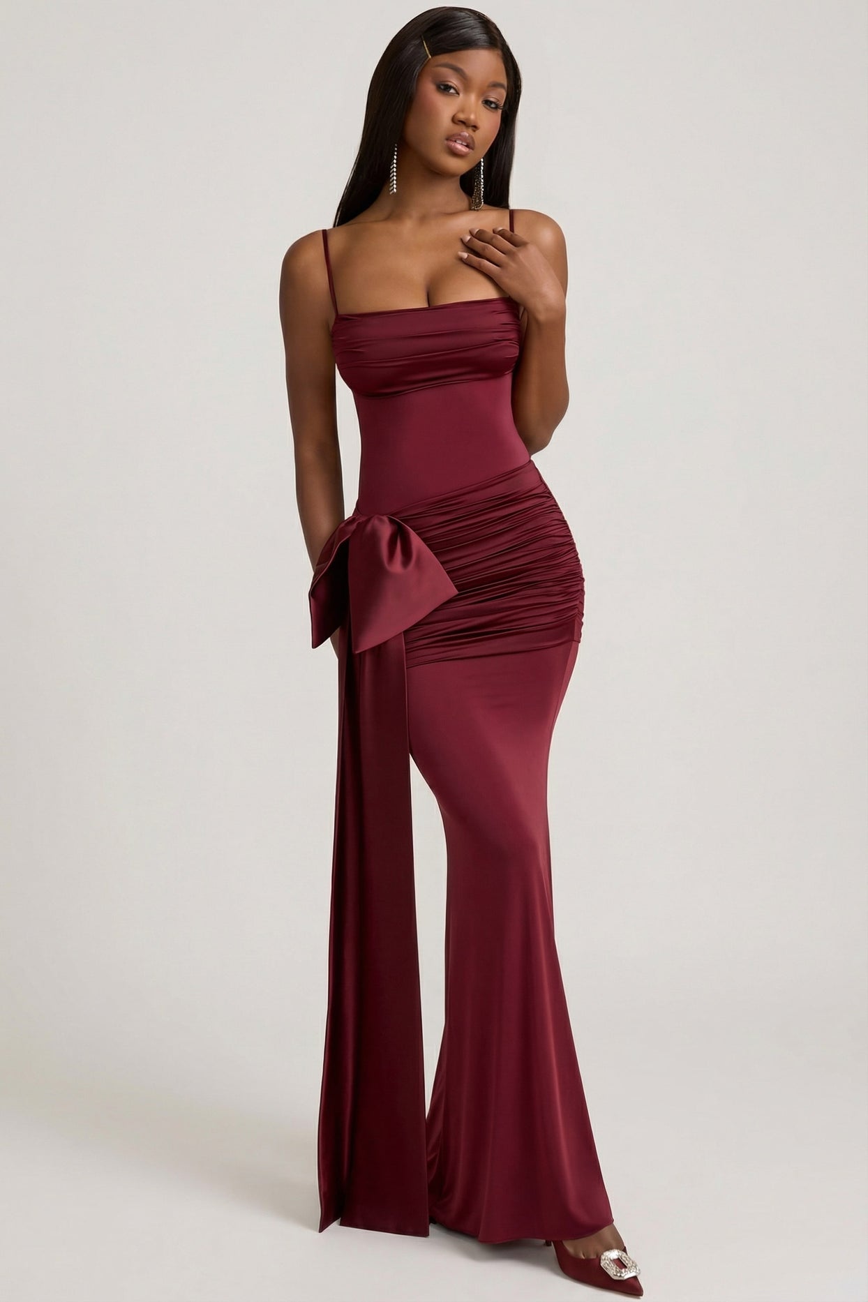 Bow-Detail Ruched Maxi Dress in Wine Red - 4