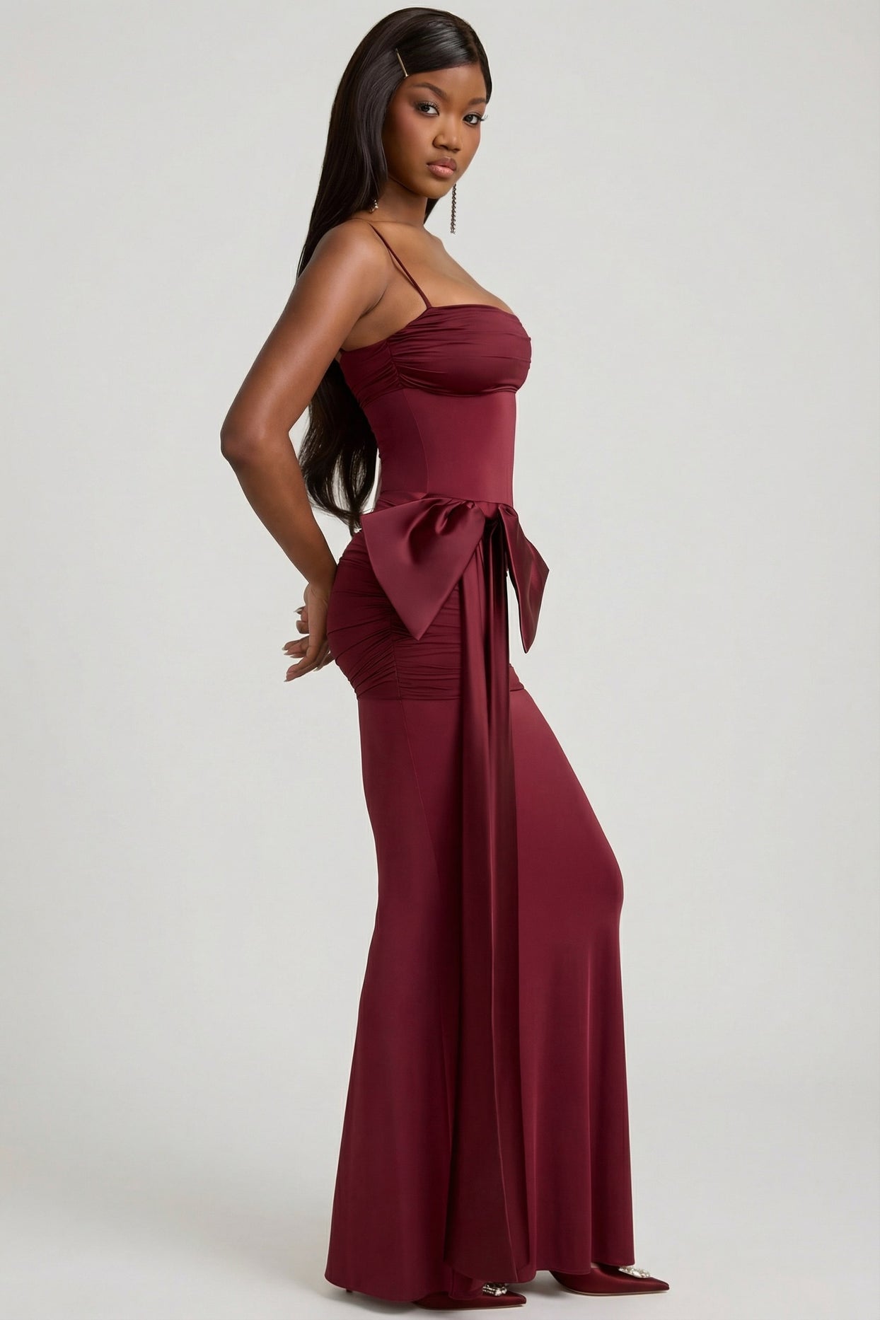Bow-Detail Ruched Maxi Dress in Wine Red - 5