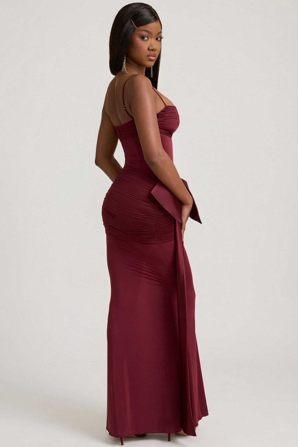 Bow-Detail Ruched Maxi Dress in Wine Red - 7