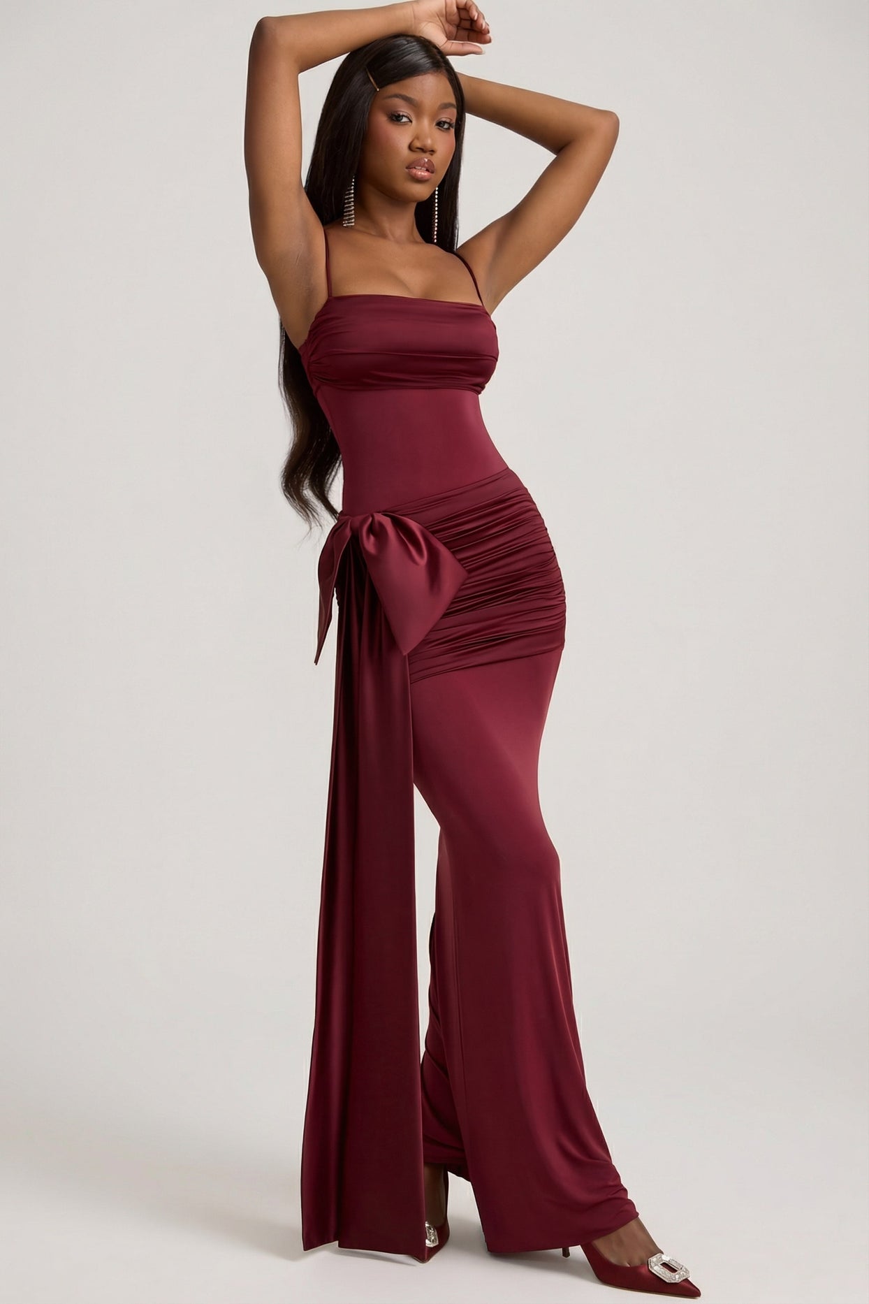Bow-Detail Ruched Maxi Dress in Wine Red - 8