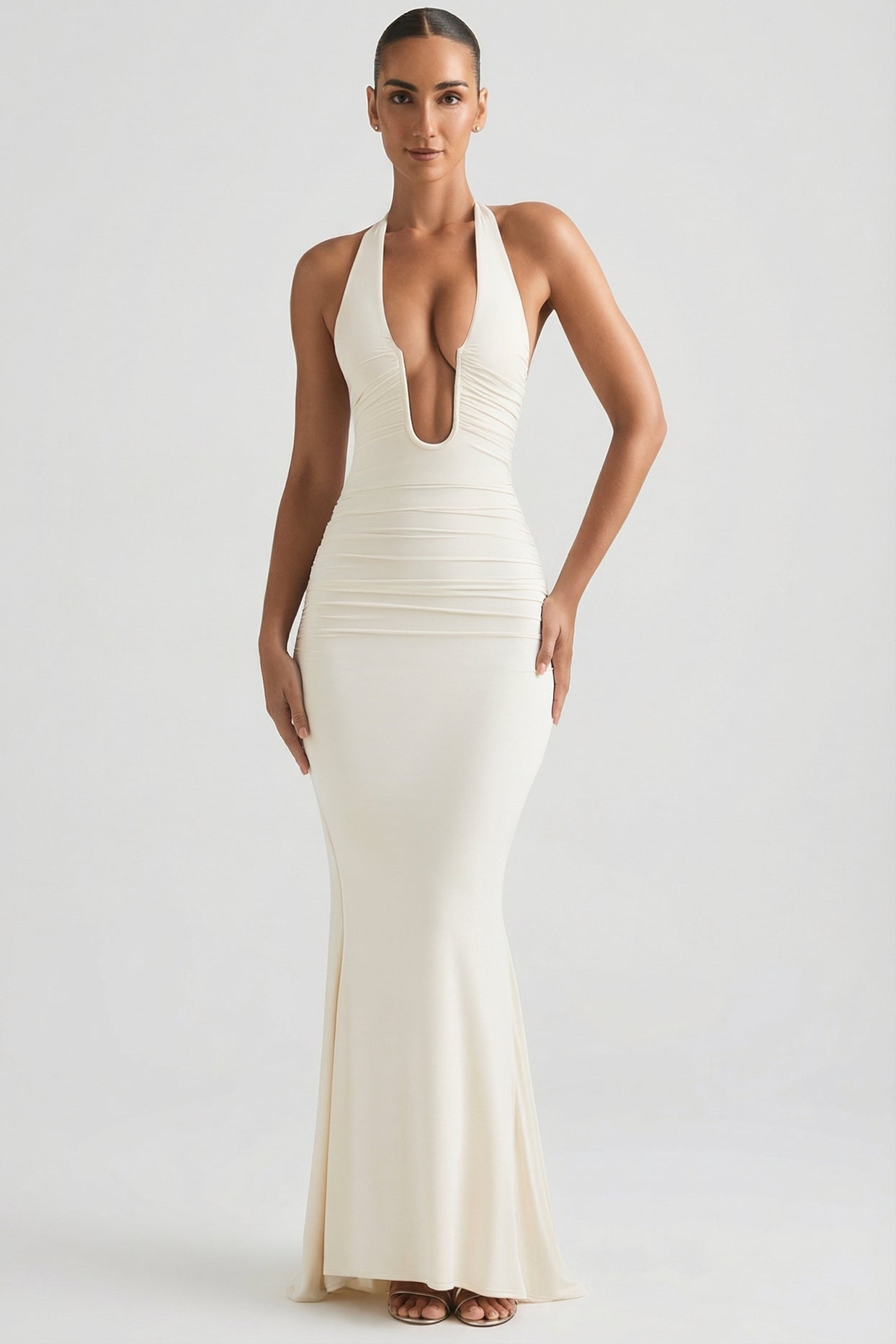 Ruched Backless Halterneck Gown in Ivory - 1