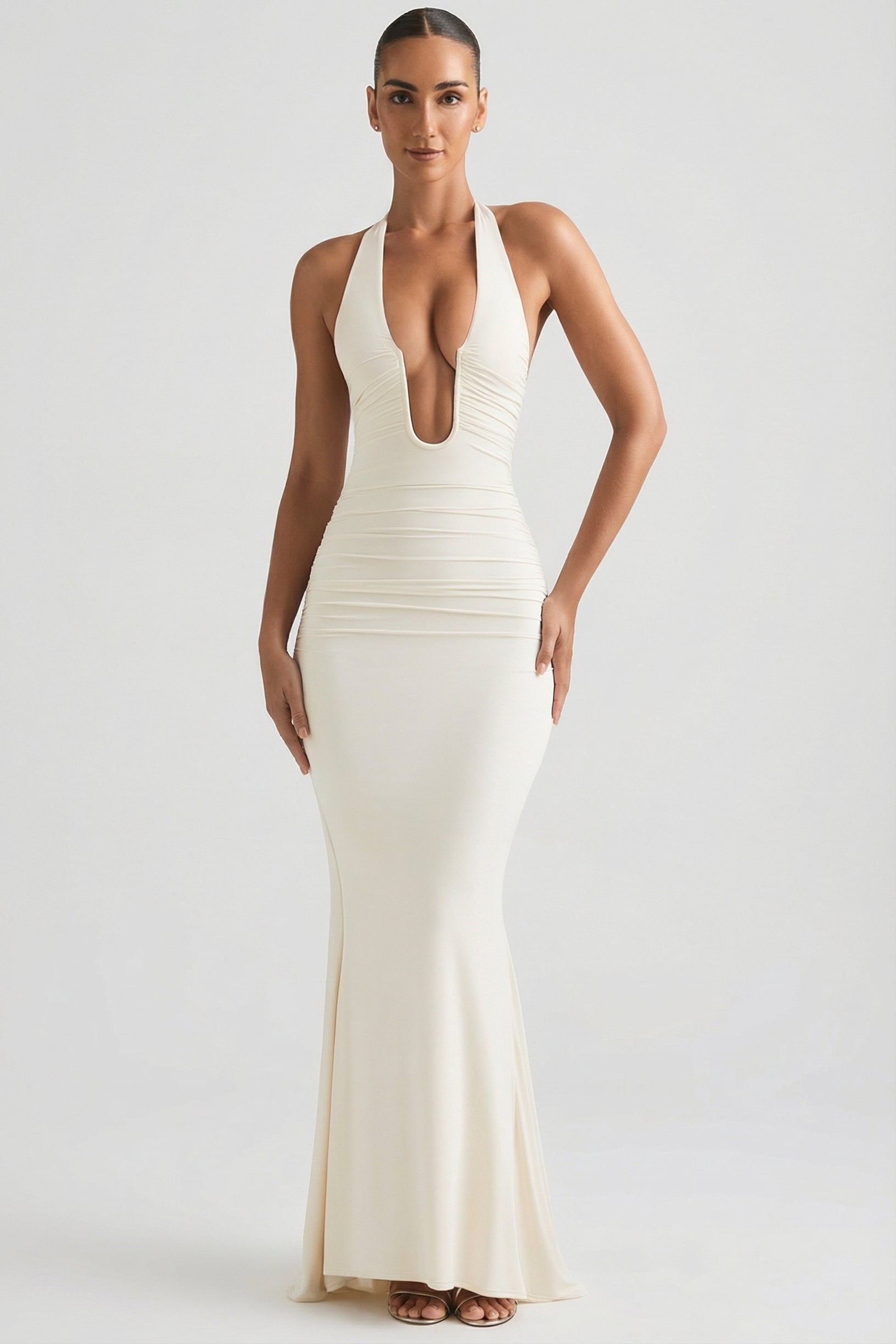 Ruched Backless Halterneck Gown in Ivory - 1