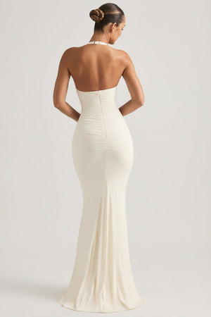 Oh Polly's Priscilla wearing the Laverna Gown Length Dress in Ivory Jersey fabric perfect for formal dinner parties