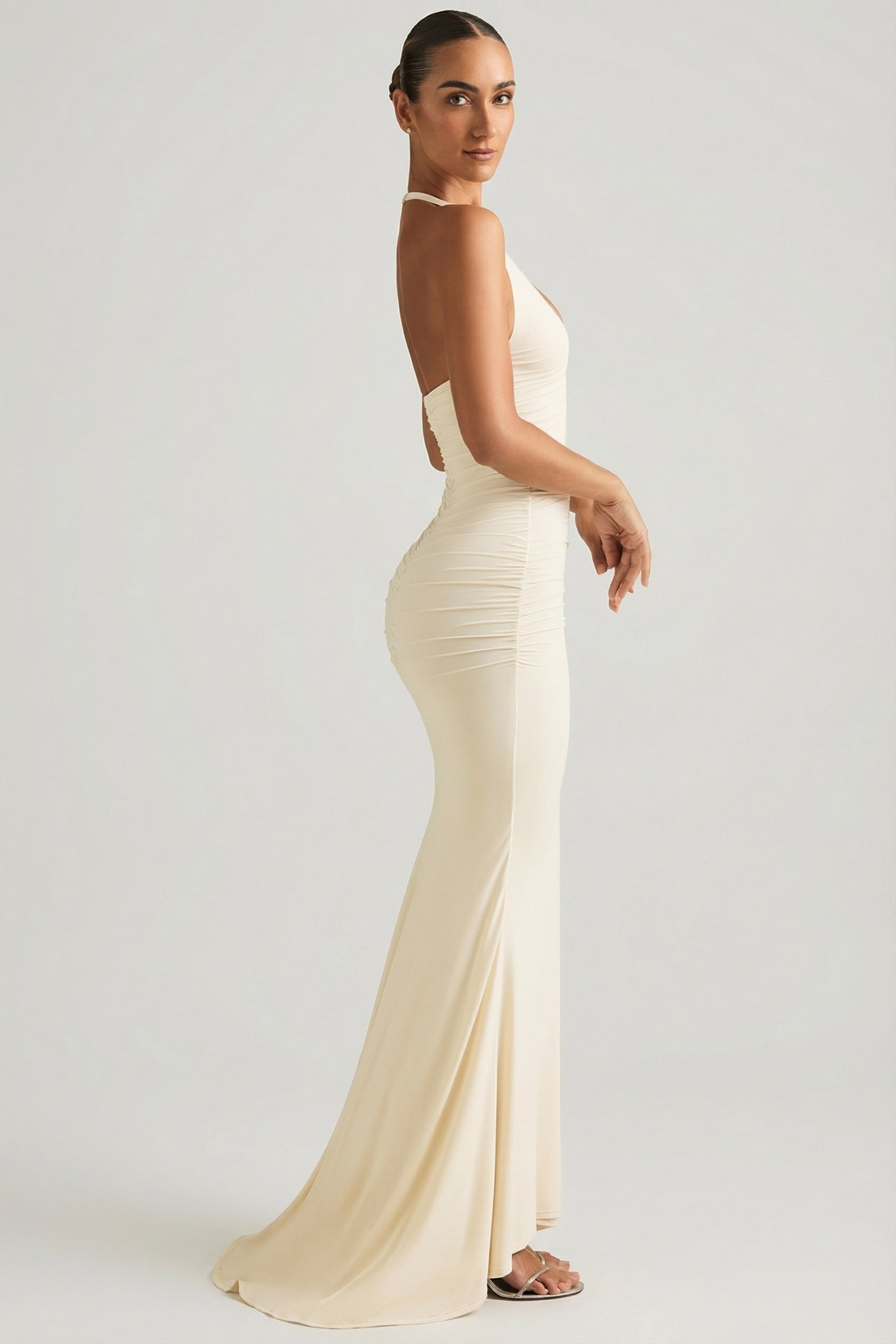 Ruched Backless Halterneck Gown in Ivory - 3