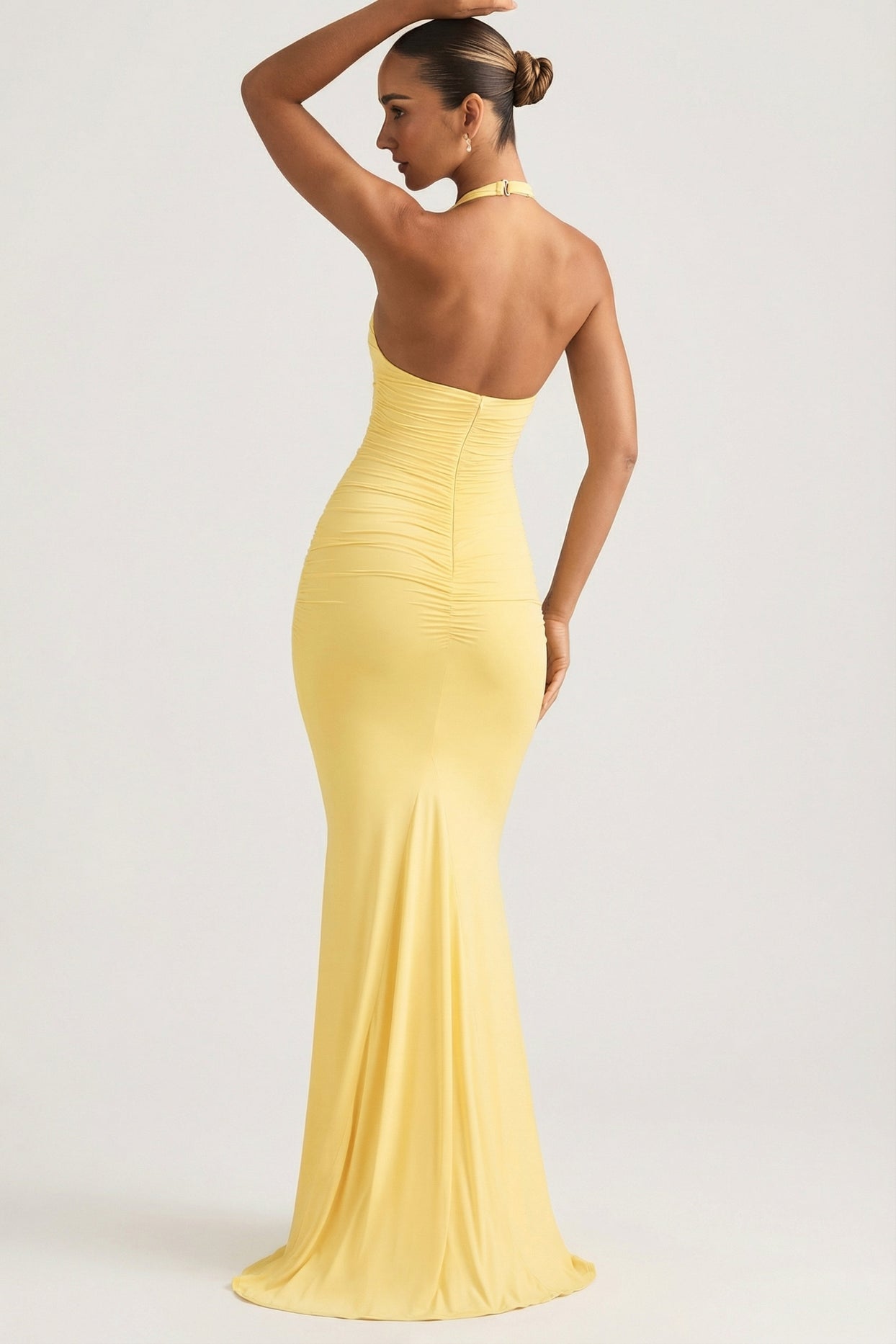 Ruched Backless Halterneck Gown in Pastel Yellow - 2