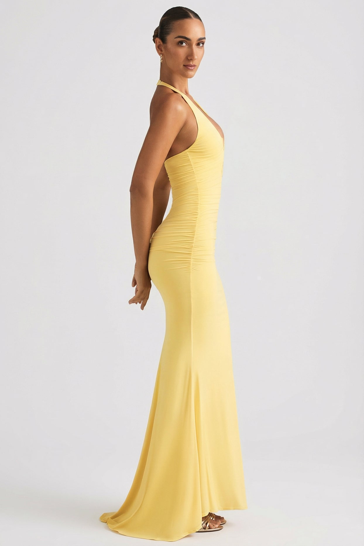 Ruched Backless Halterneck Gown in Pastel Yellow - 3