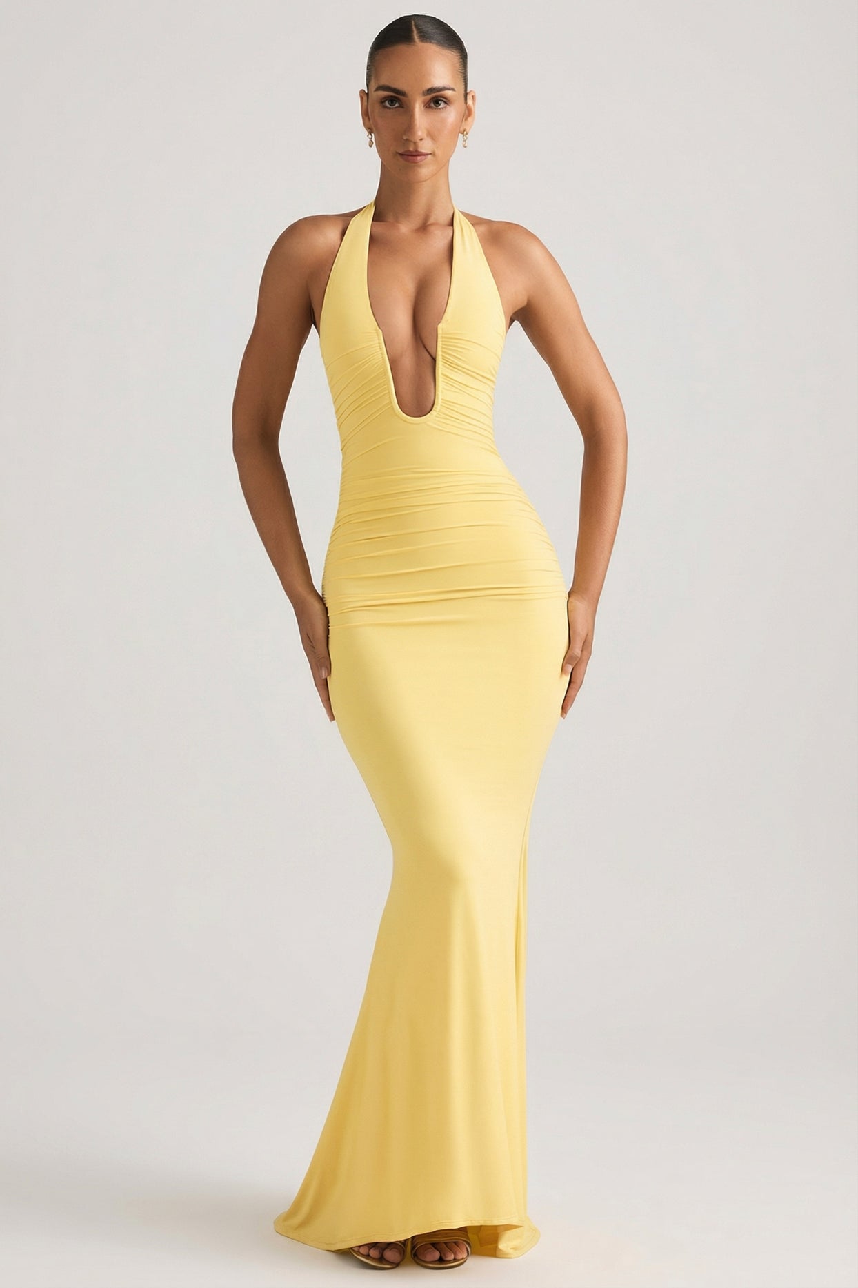 Ruched Backless Halterneck Gown in Pastel Yellow - 5