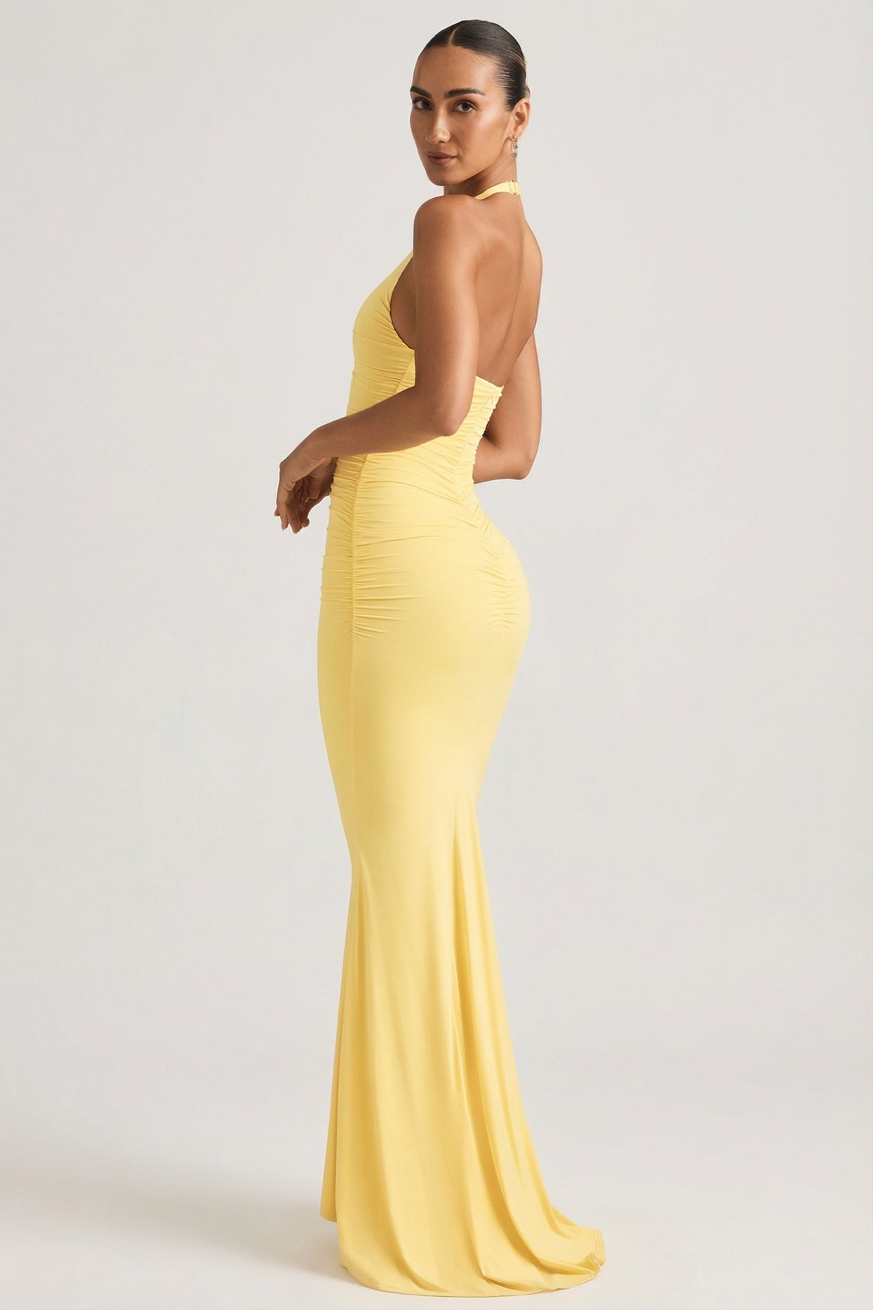 Ruched Backless Halterneck Gown in Pastel Yellow - 6