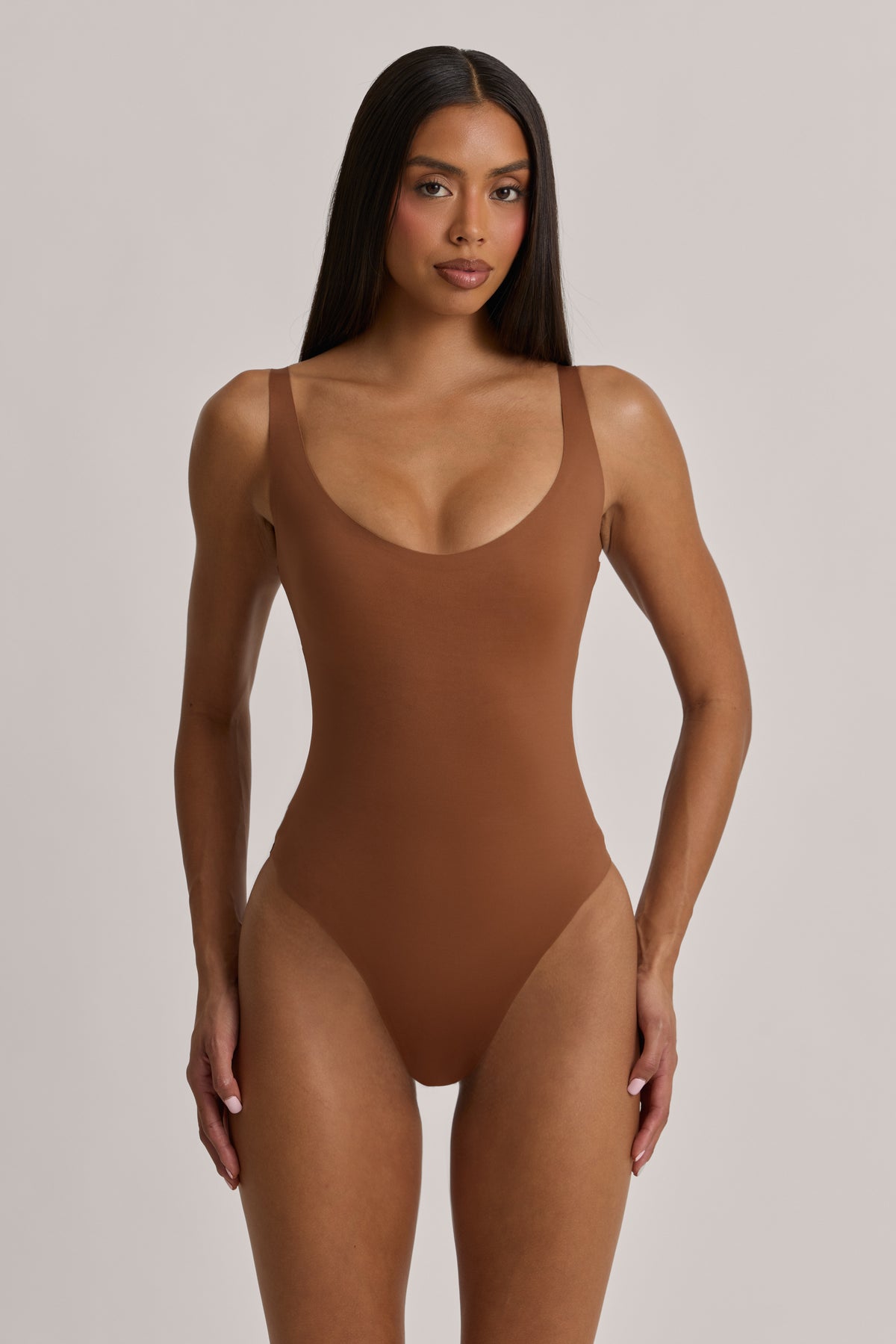 Scoop-Neck Cheeky Bodysuit in Almond - 1