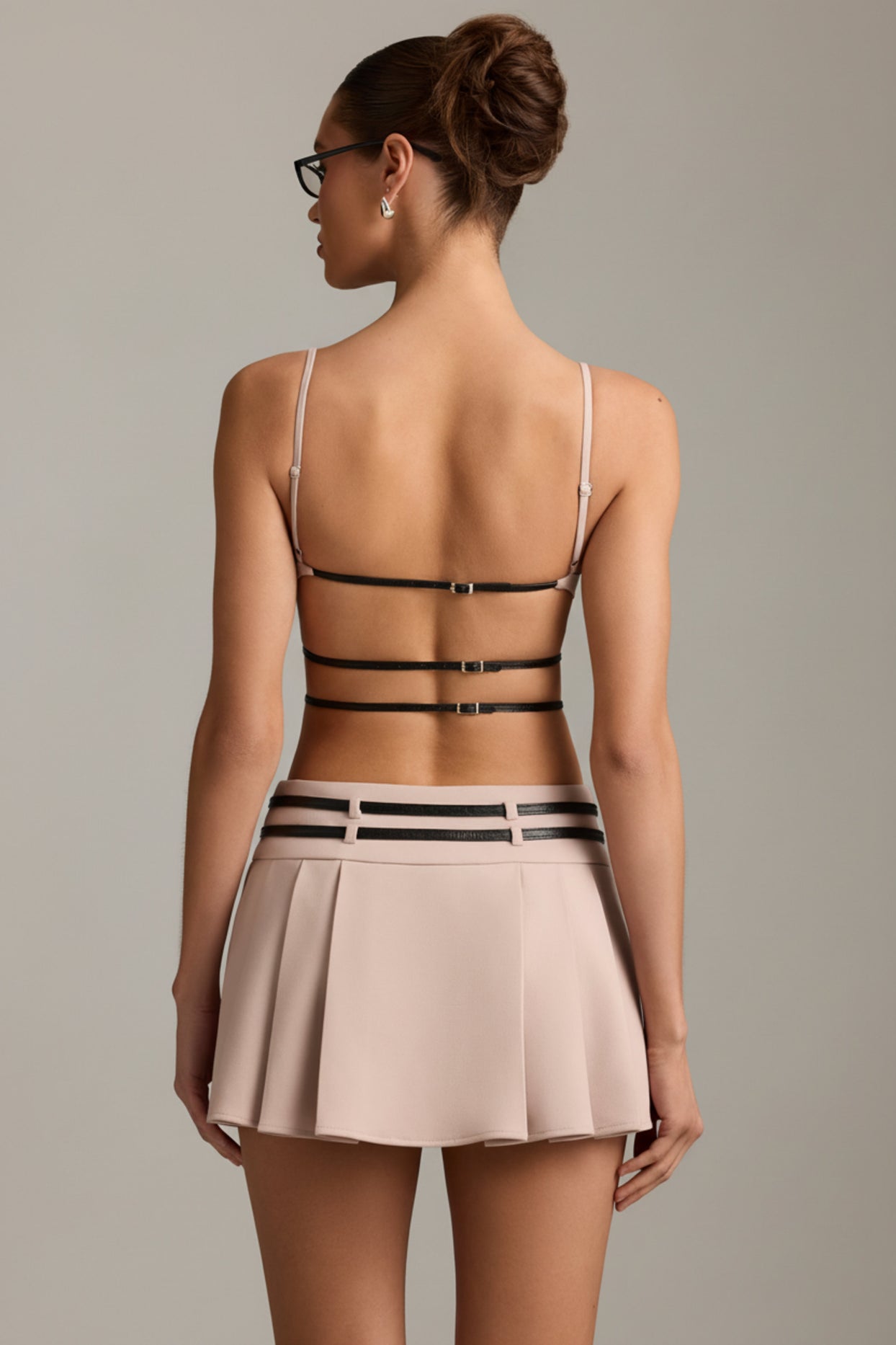 Belted Backless Pleated Mini Dress in Mushroom - 7
