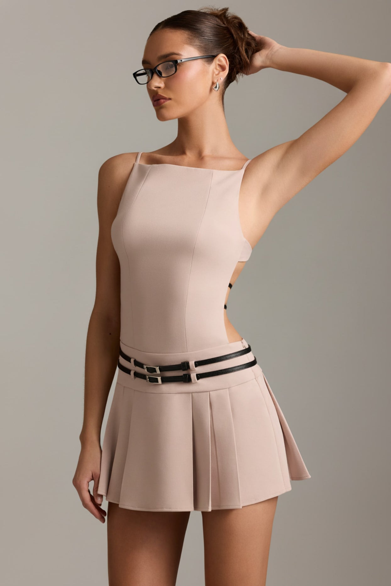 Belted Backless Pleated Mini Dress in Mushroom - 6