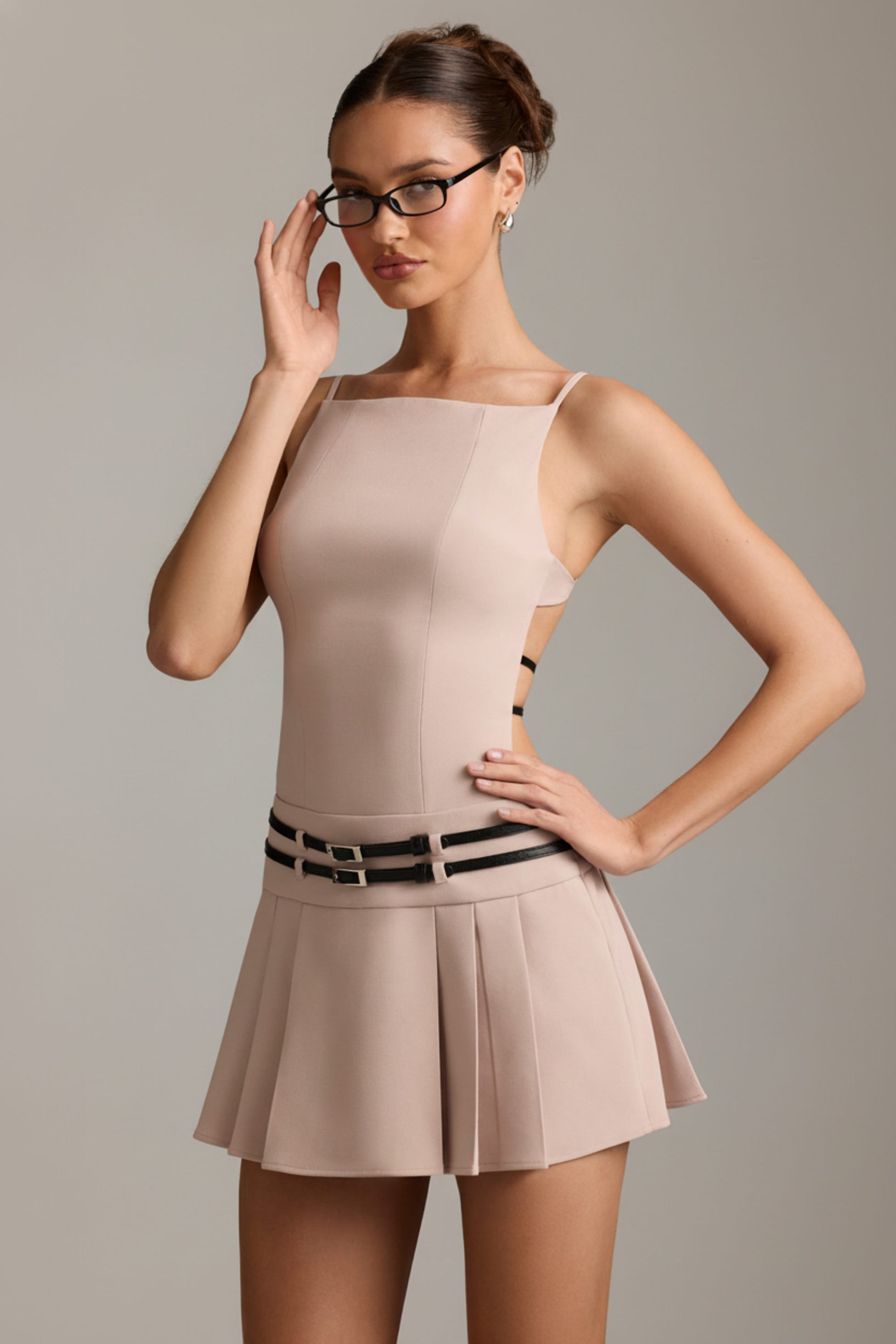 Belted Backless Pleated Mini Dress in Mushroom - 1