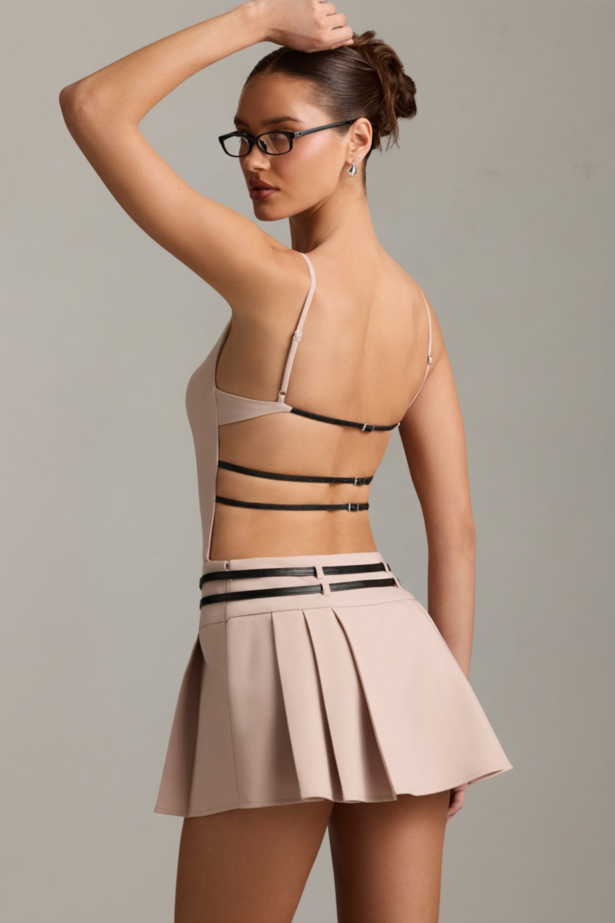 Belted Backless Pleated Mini Dress in Mushroom - 2