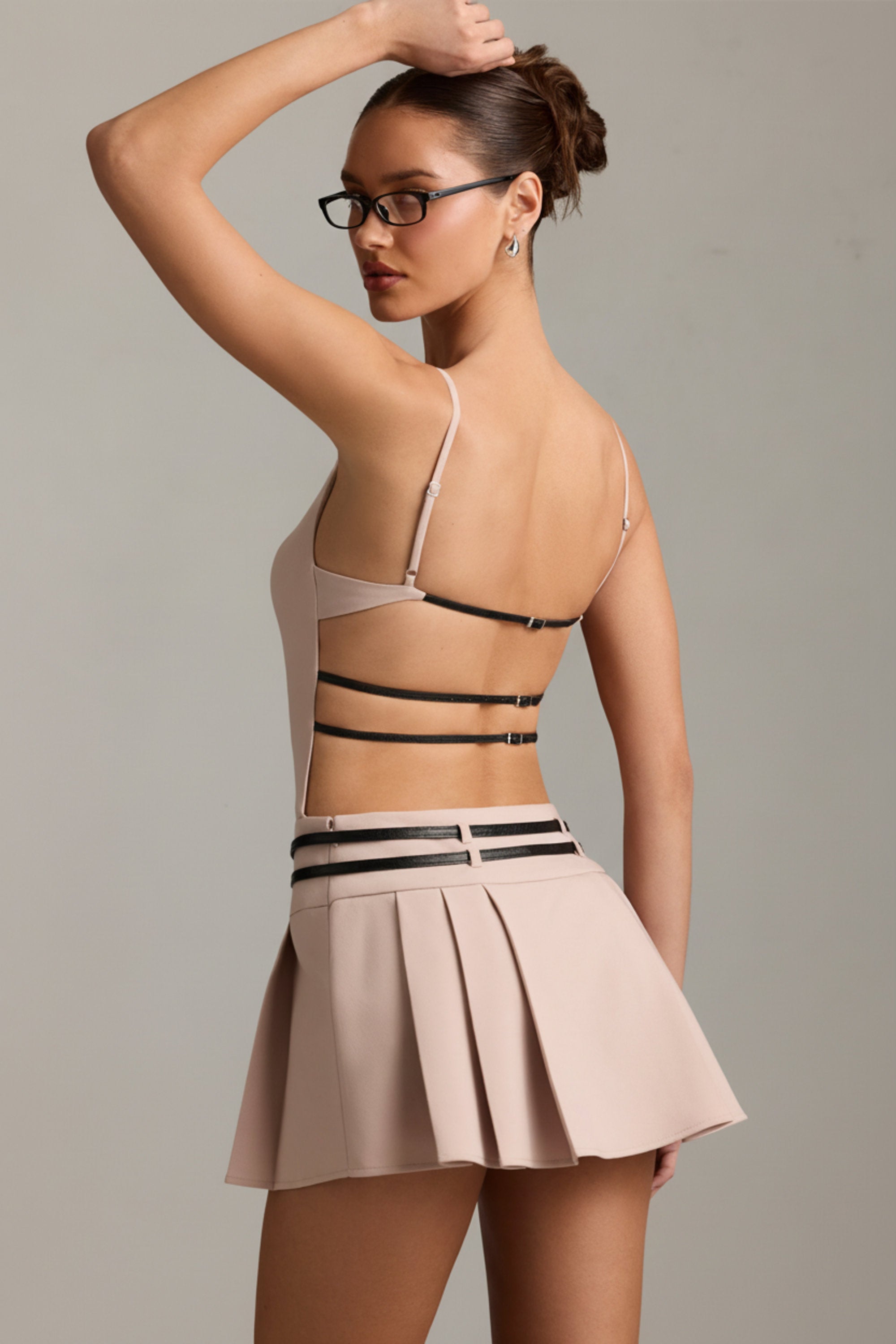 Belted Backless Pleated Mini Dress in Mushroom - 2