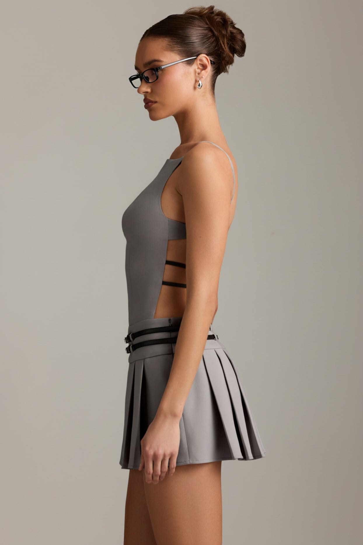 Belted Backless Pleated Mini Dress in Grey - 3