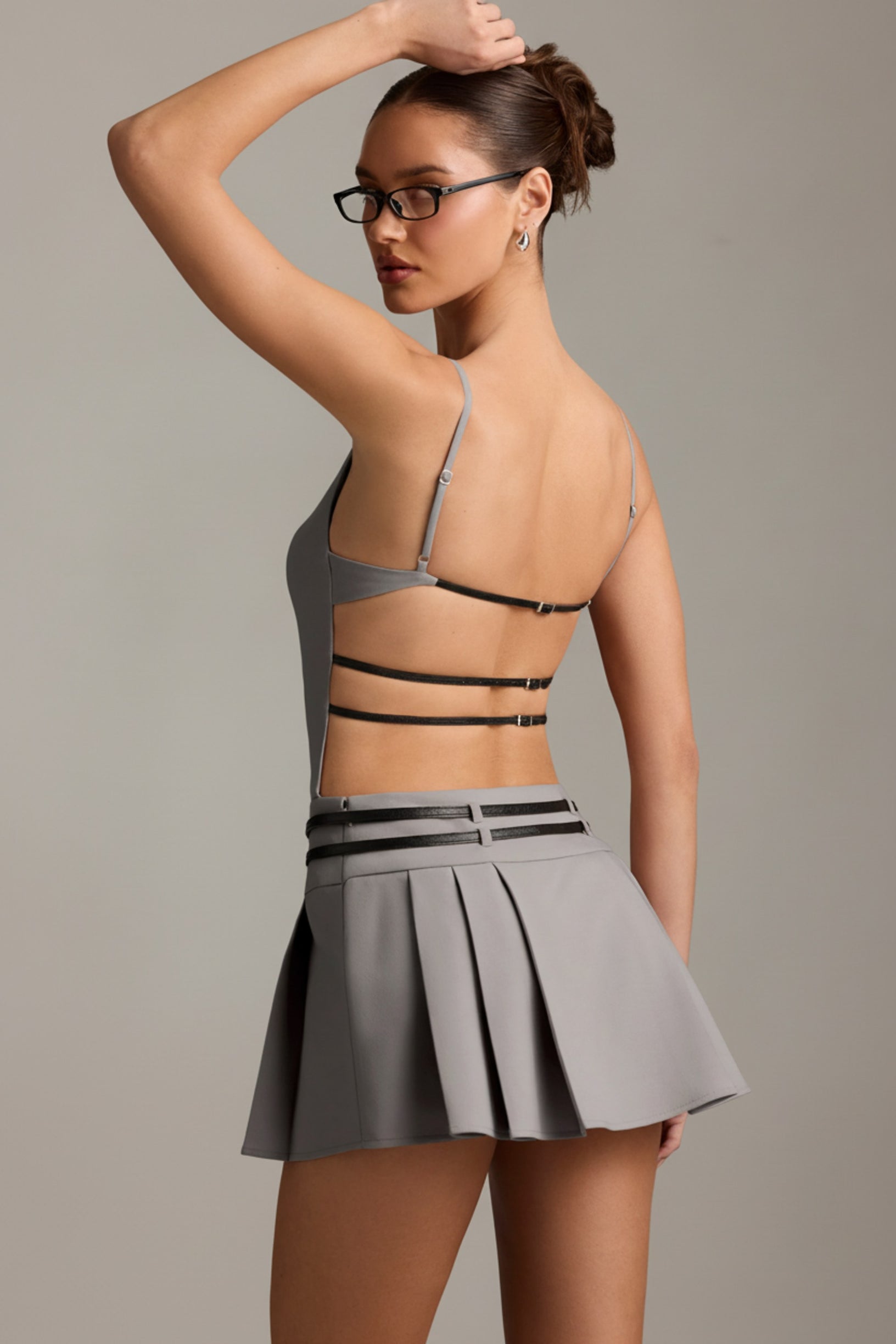 Belted Backless Pleated Mini Dress in Grey - 2