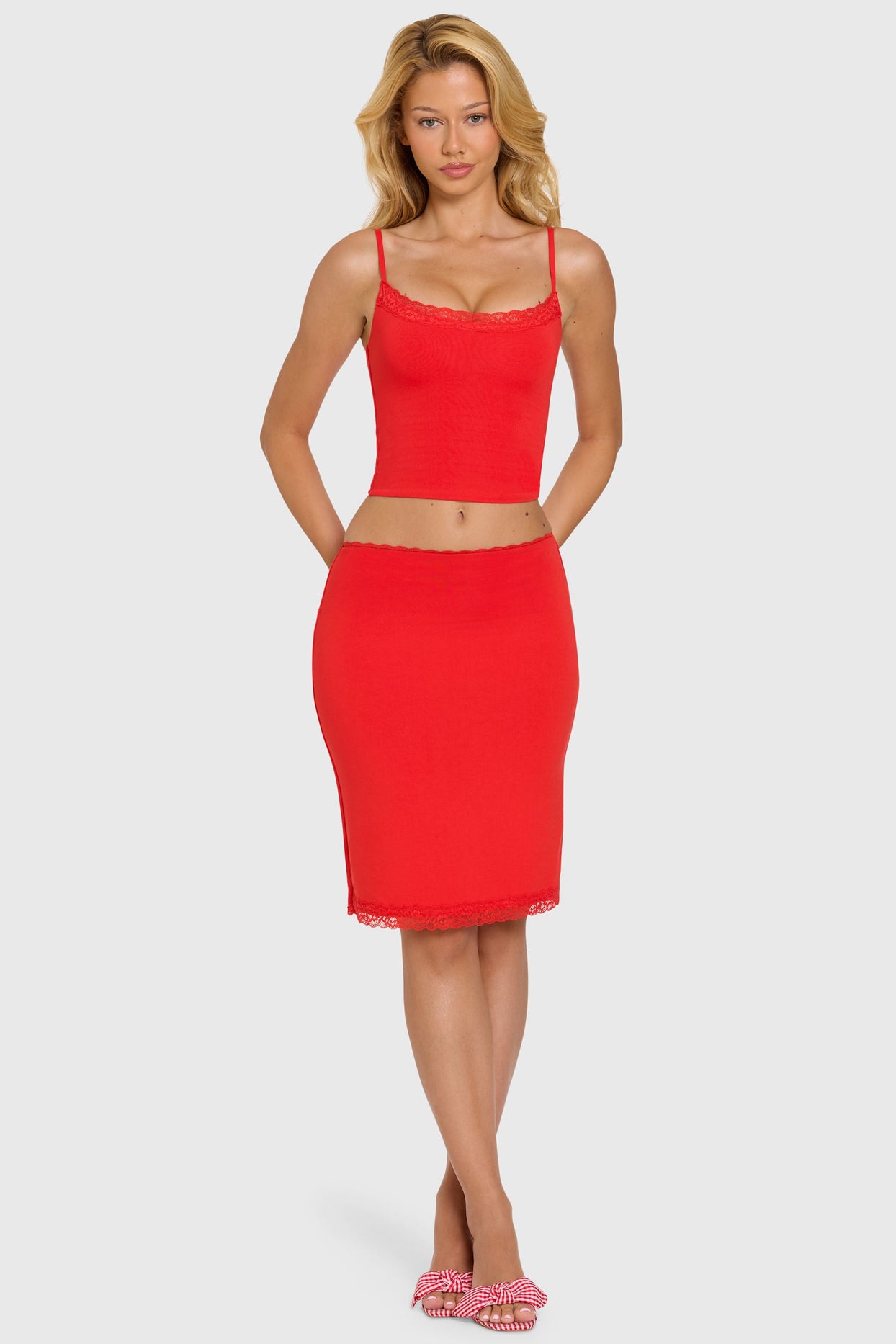 Modal Lace-Trim Midi Skirt in Cherry - 8
