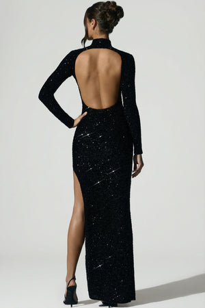 Embellished Open-Back Gown in Black