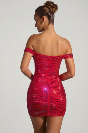 Embellished Off-Shoulder Mini Dress in Crimson Red