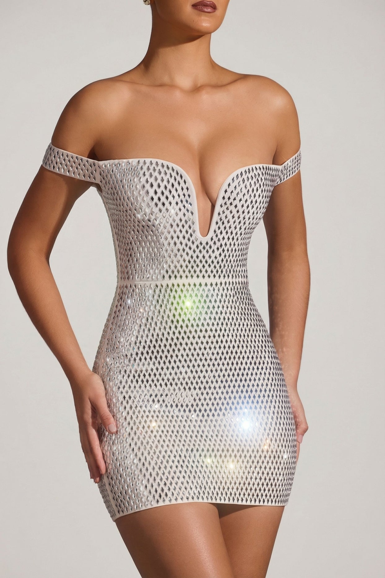 Embellished Off-Shoulder Mini Dress in White - 3