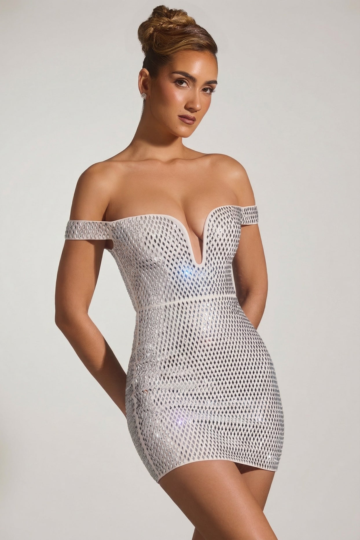 Embellished Off-Shoulder Mini Dress in White - 6