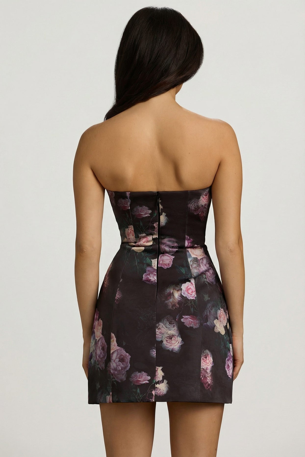 Strapless Structured Tulip Mini Dress in Black Floral Print - 10