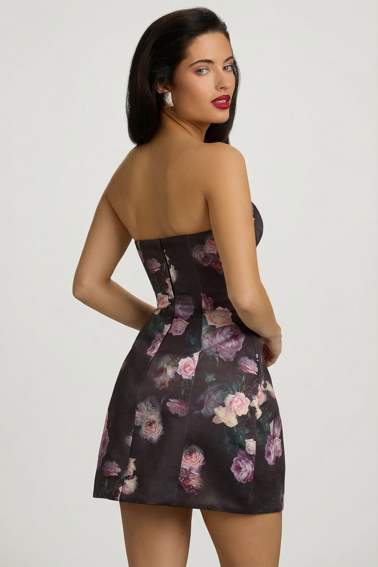 Strapless Structured Tulip Mini Dress in Black Floral Print - 16
