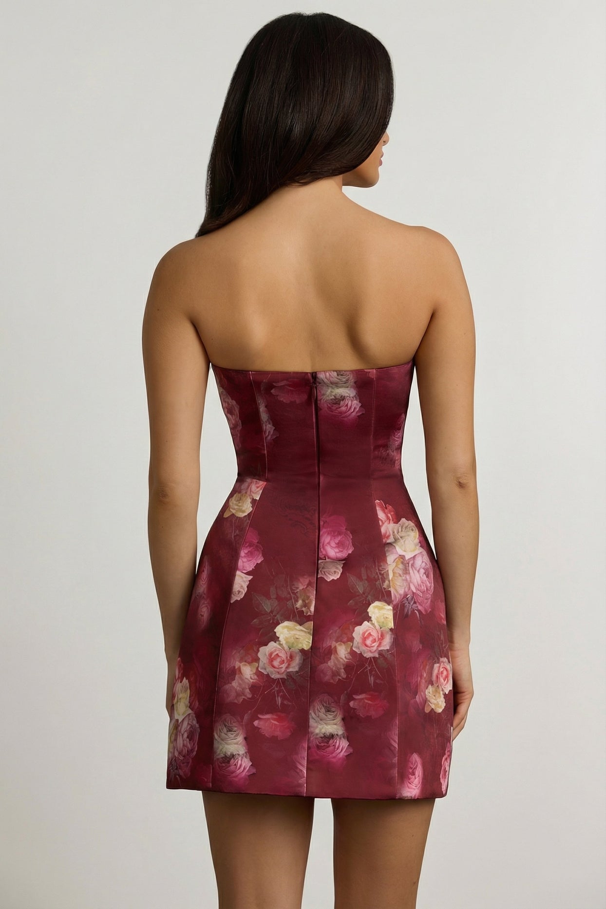 Strapless Structured Tulip Mini Dress in Maroon Floral Print - 10