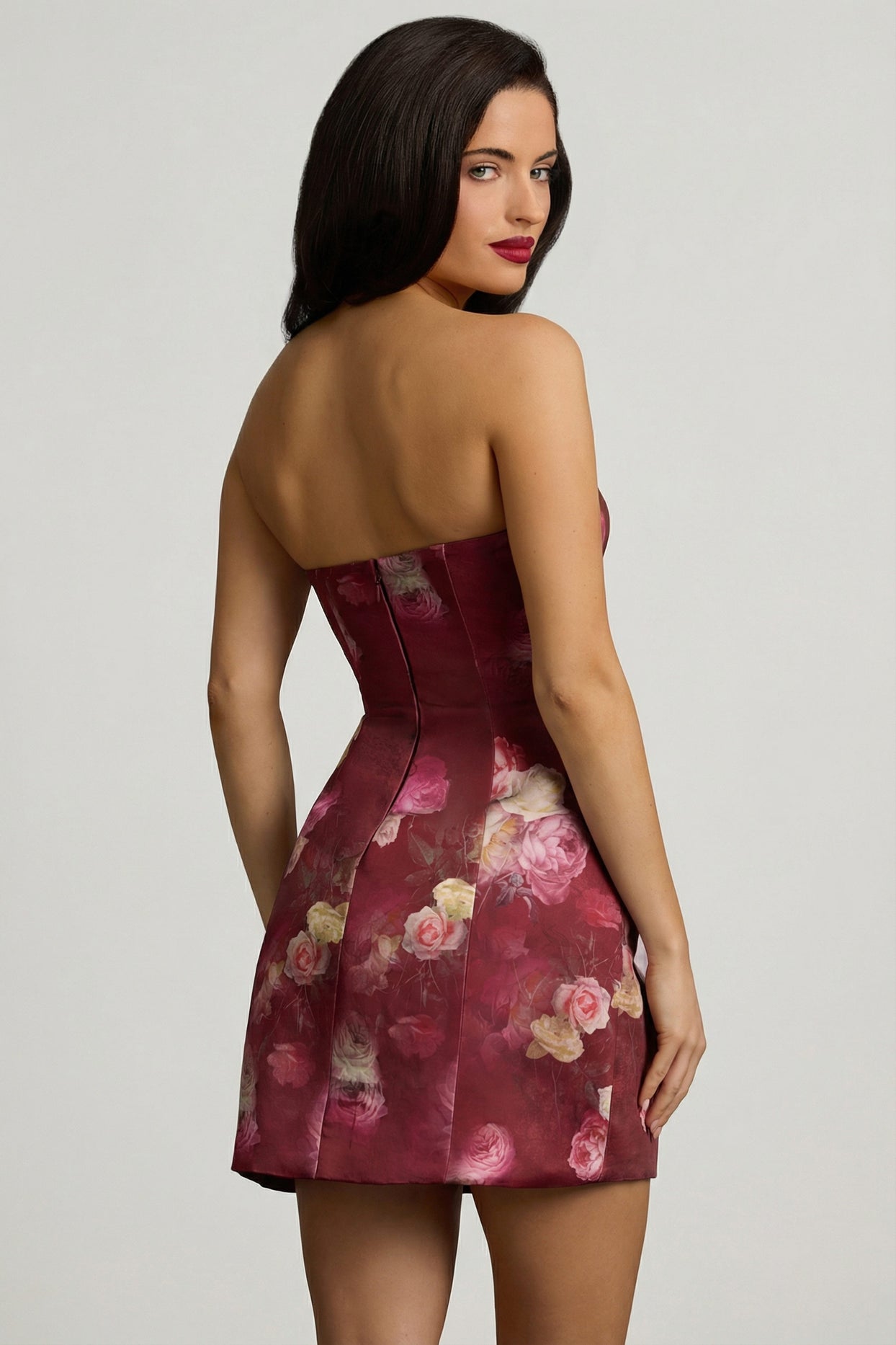 Strapless Structured Tulip Mini Dress in Maroon Floral Print - 14