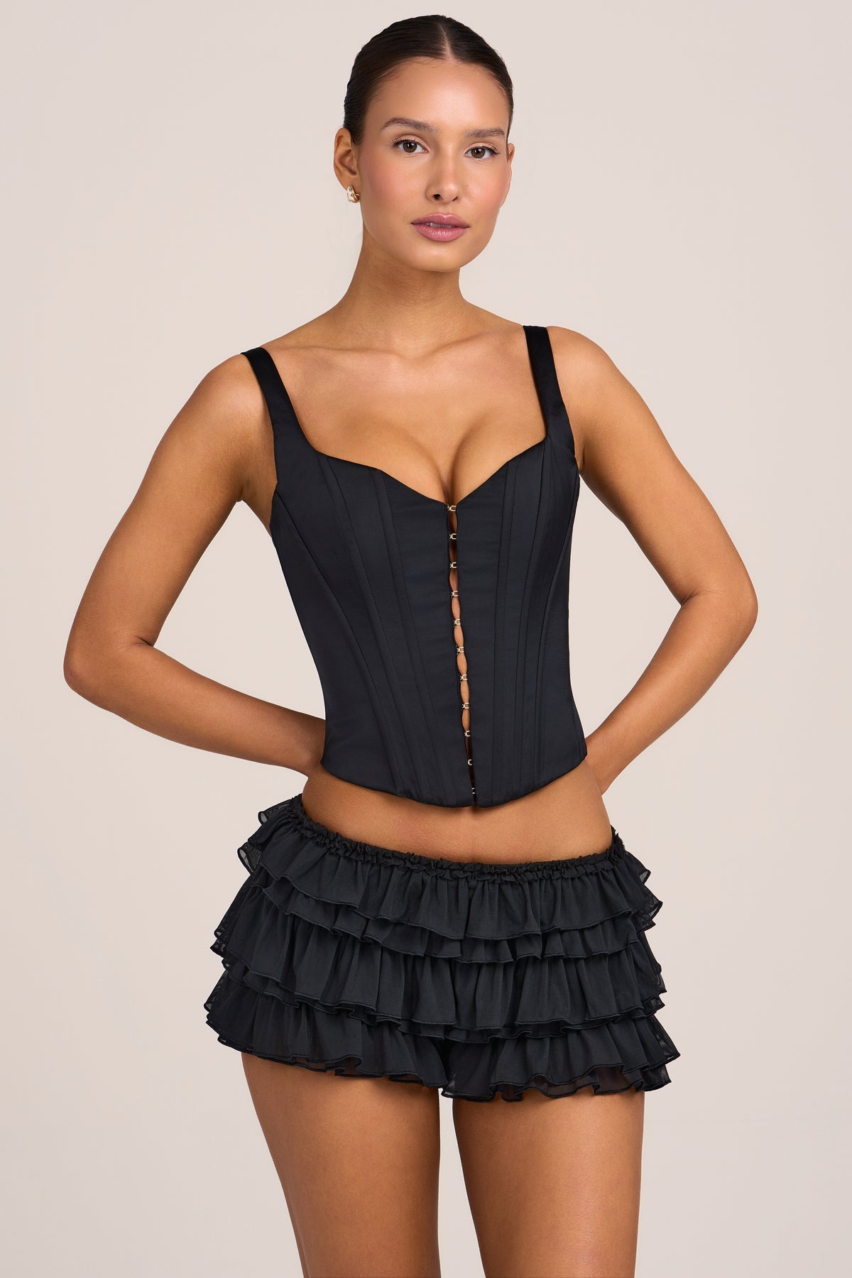 Mesh Low-Rise Ruffle Shorts in Black