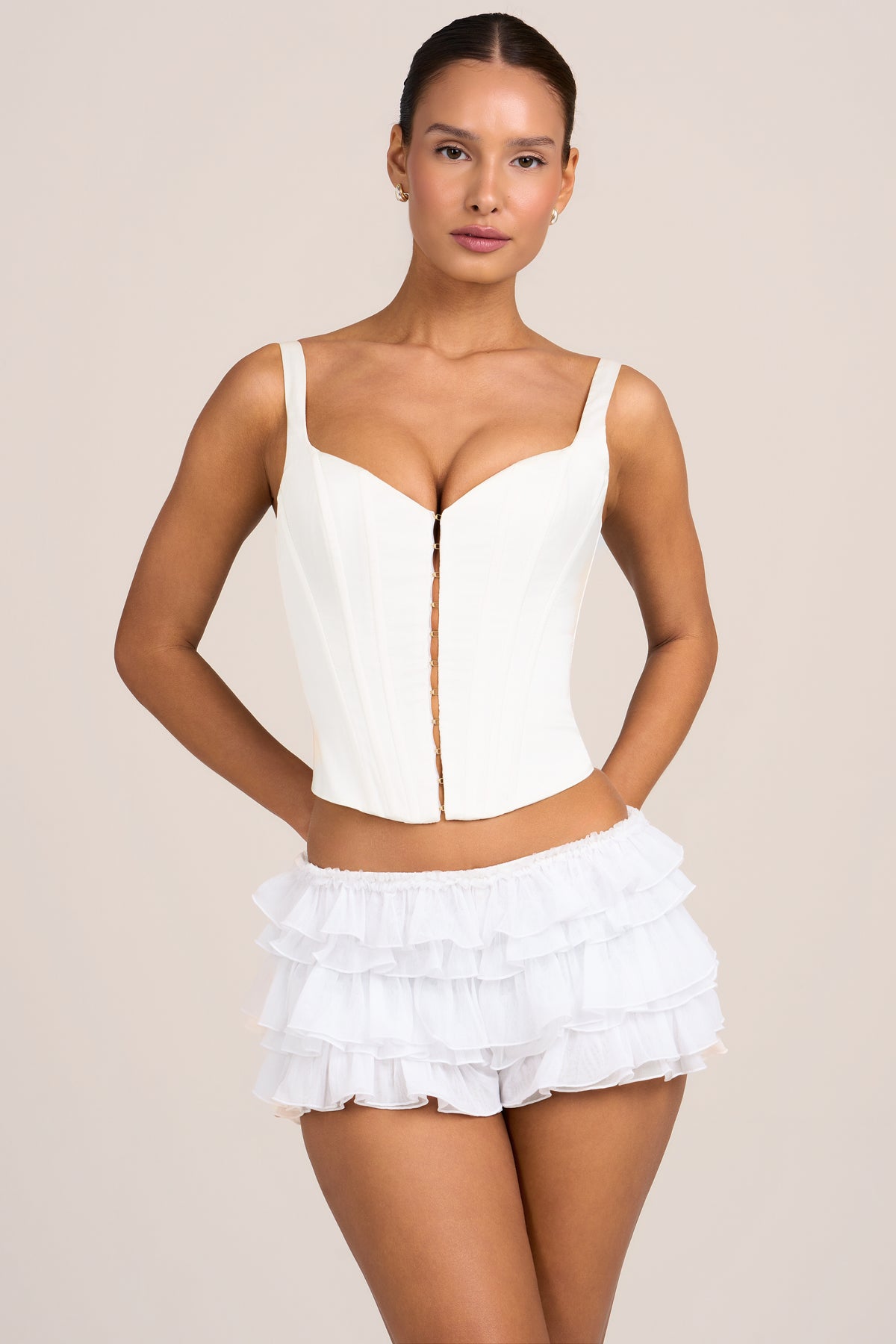 Mesh Low-Rise Ruffle Shorts in White