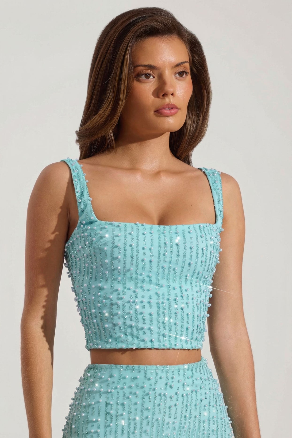 Embellished Square-Neck Crop Top in Aqua Blue - 1