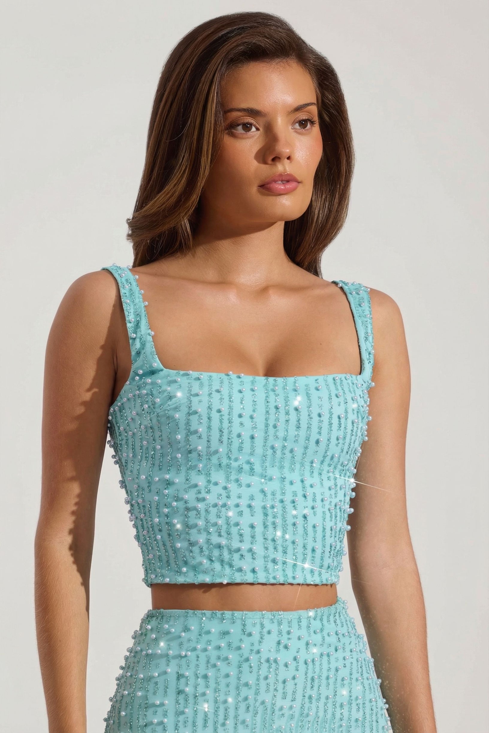 Embellished Square-Neck Crop Top in Aqua Blue - 1