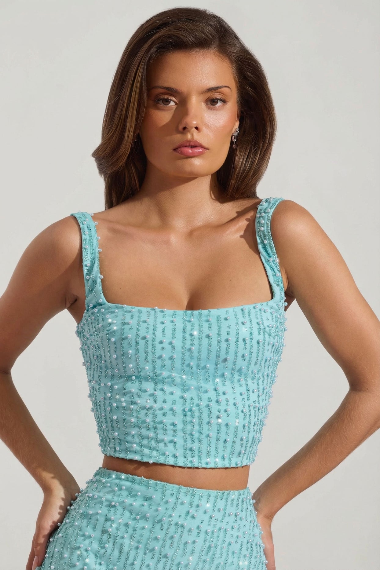 Embellished Square-Neck Crop Top in Aqua Blue - 5