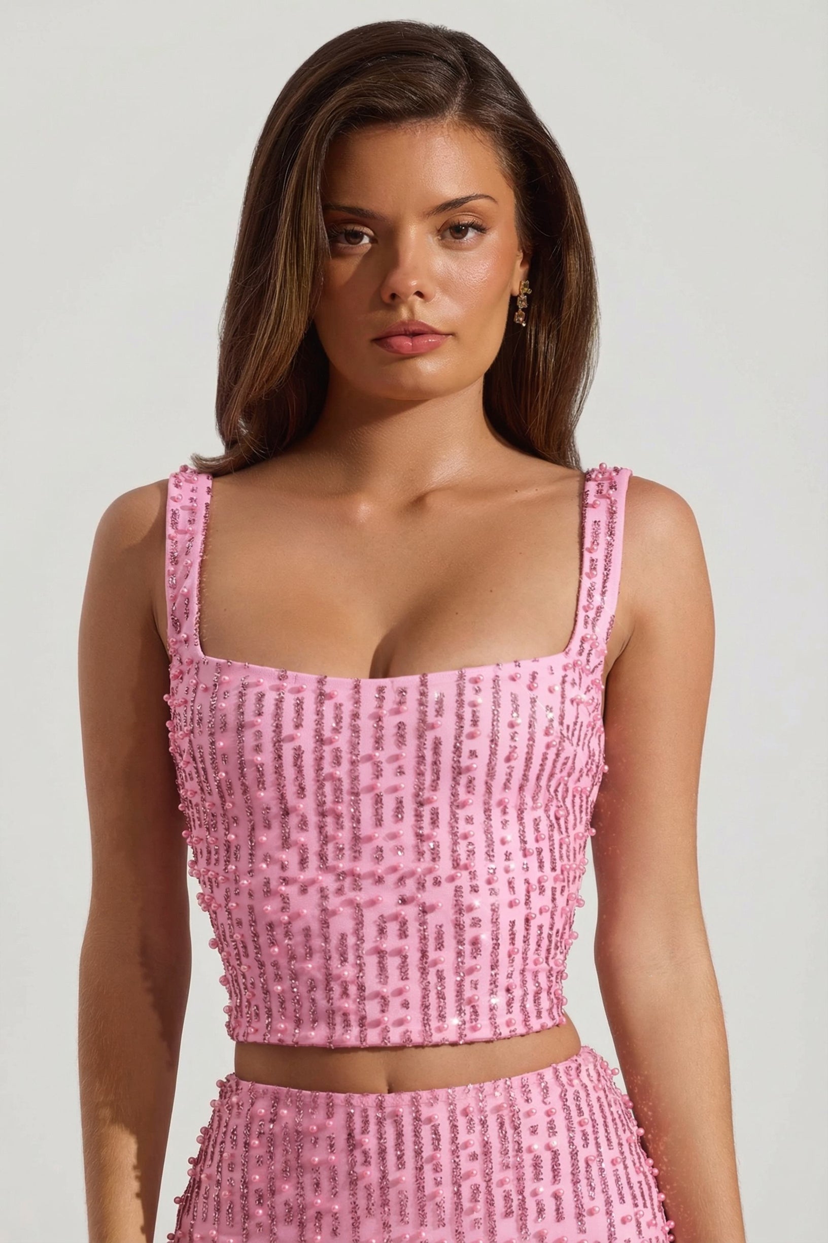 Embellished Square-Neck Crop Top in Pink - 1