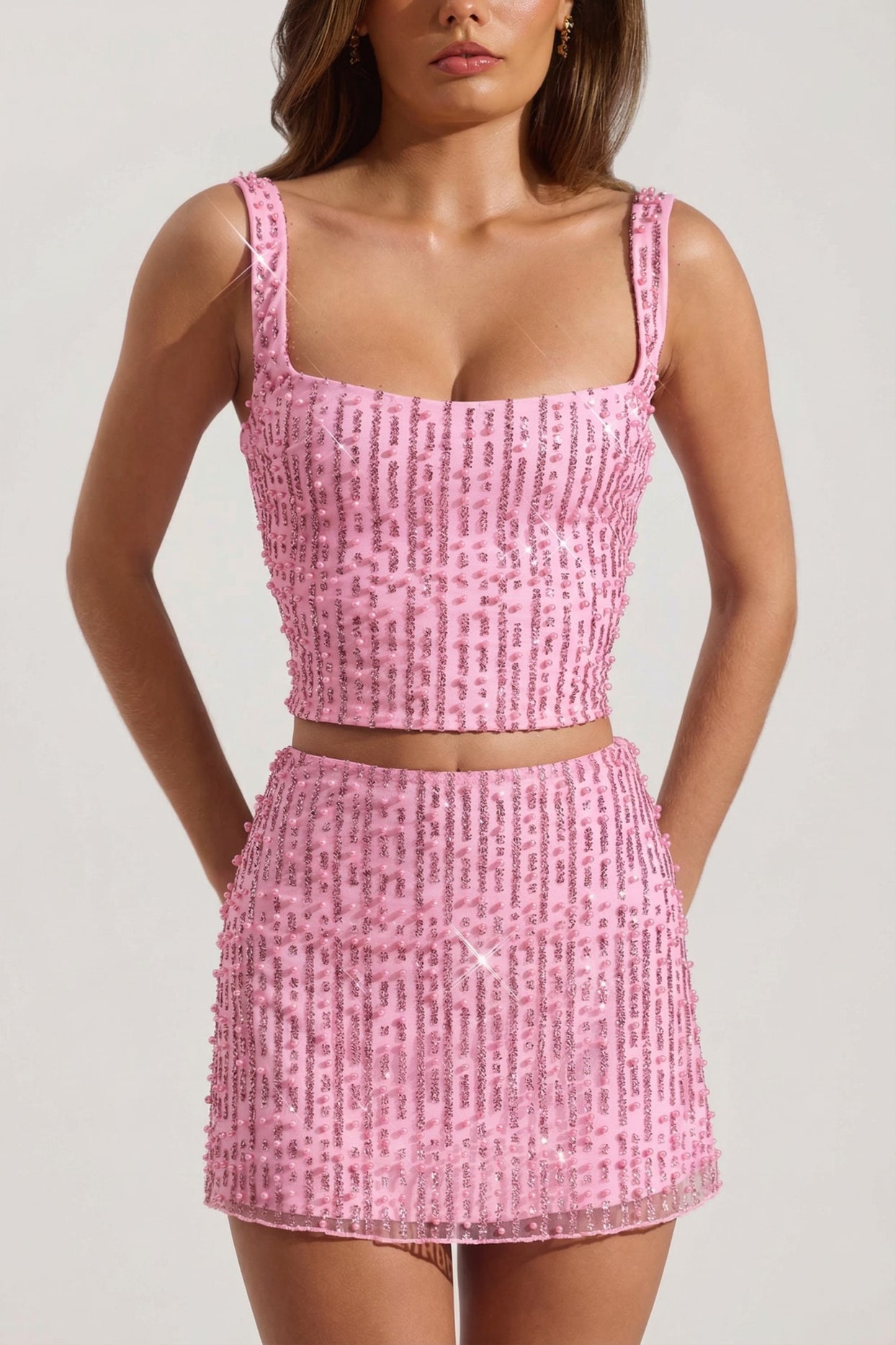 Embellished Square-Neck Crop Top in Pink - 3