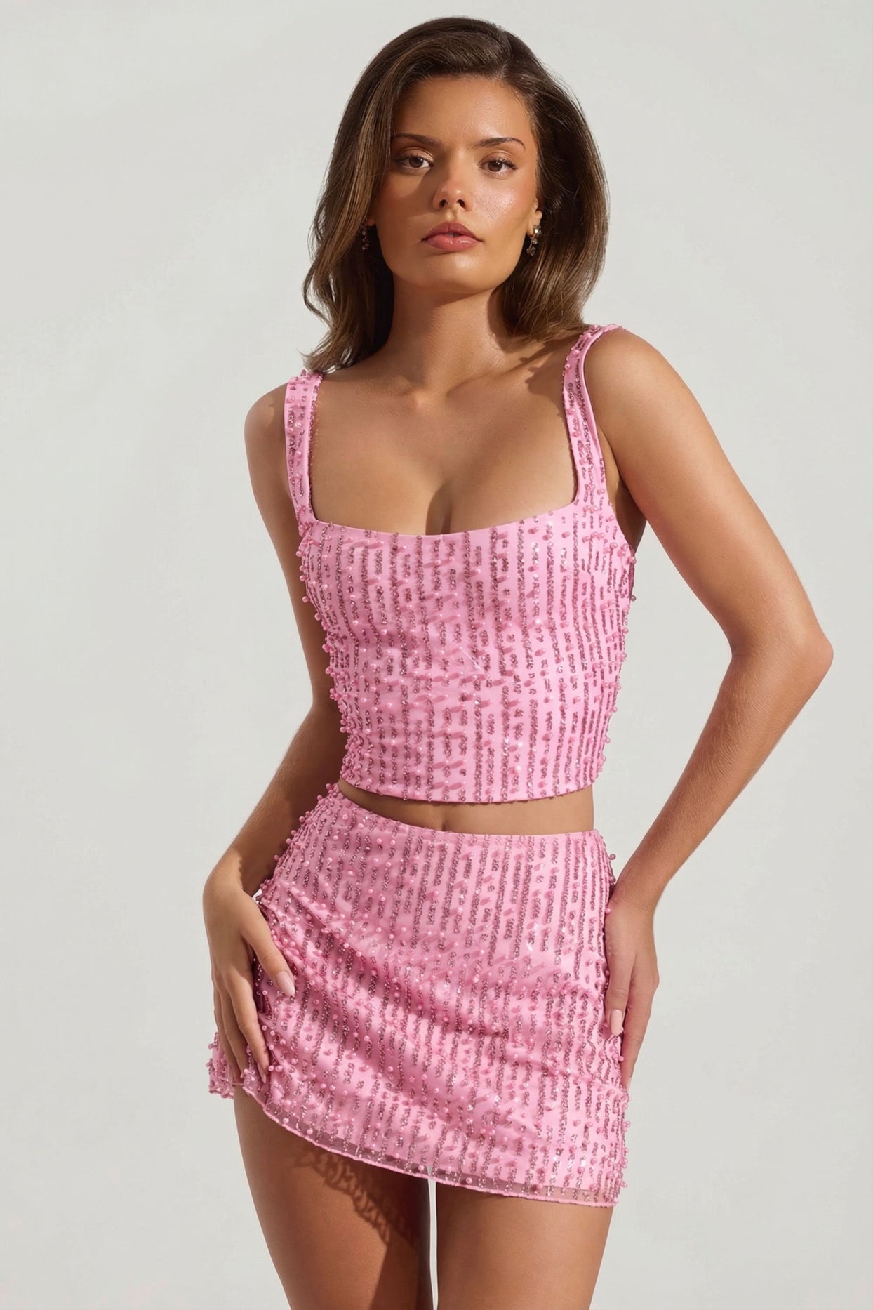 Embellished Square-Neck Crop Top in Pink - 7