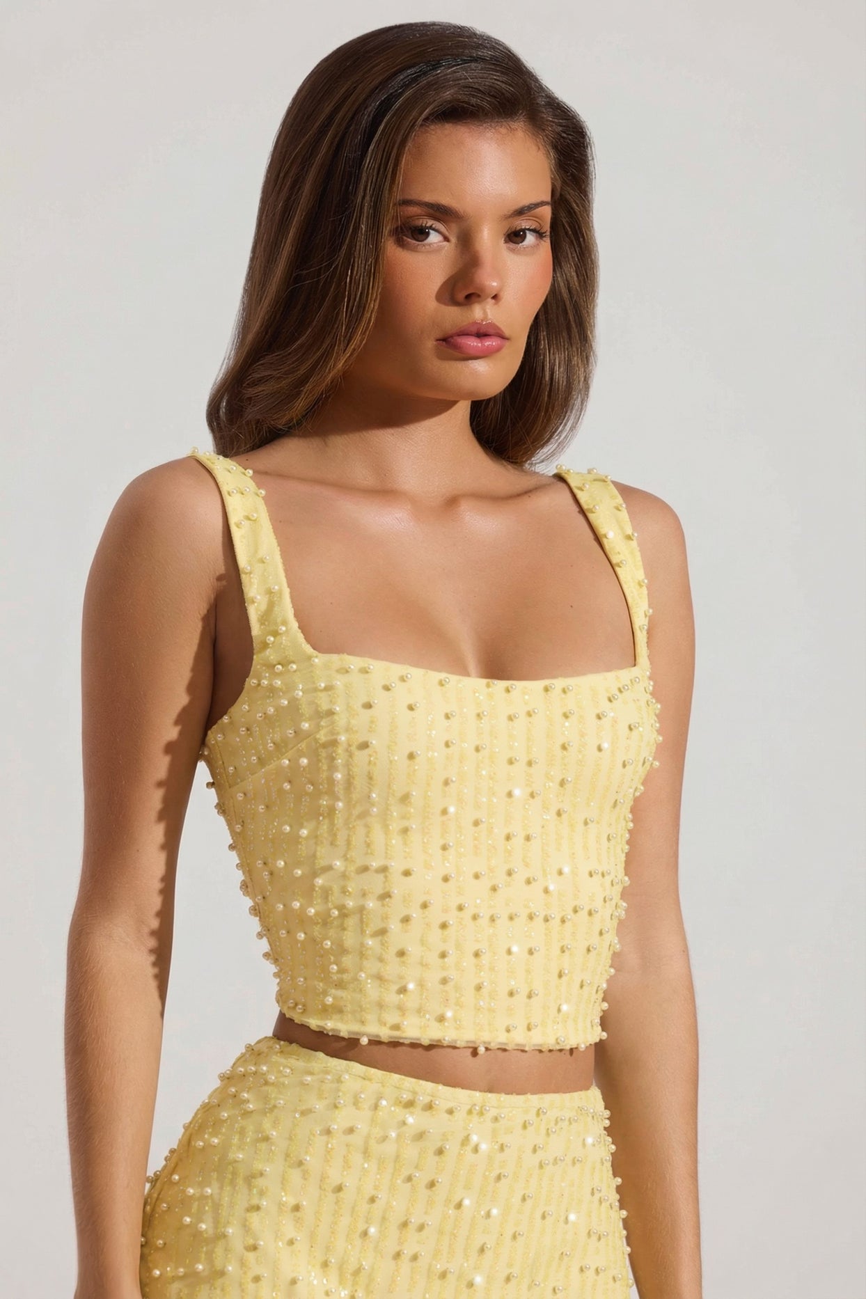 Embellished Square-Neck Crop Top in Yellow - 6