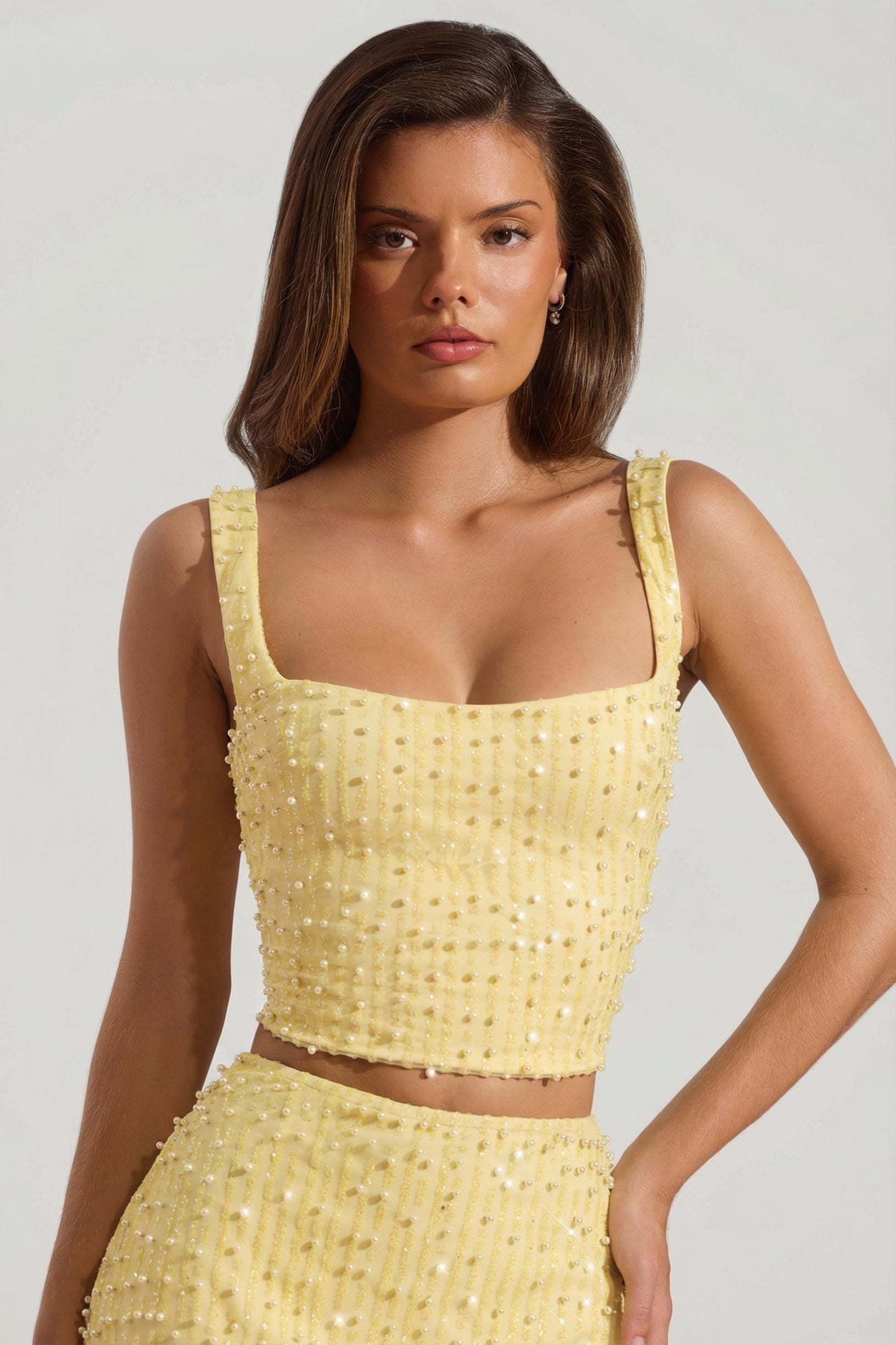 Embellished Square-Neck Crop Top in Yellow - 1