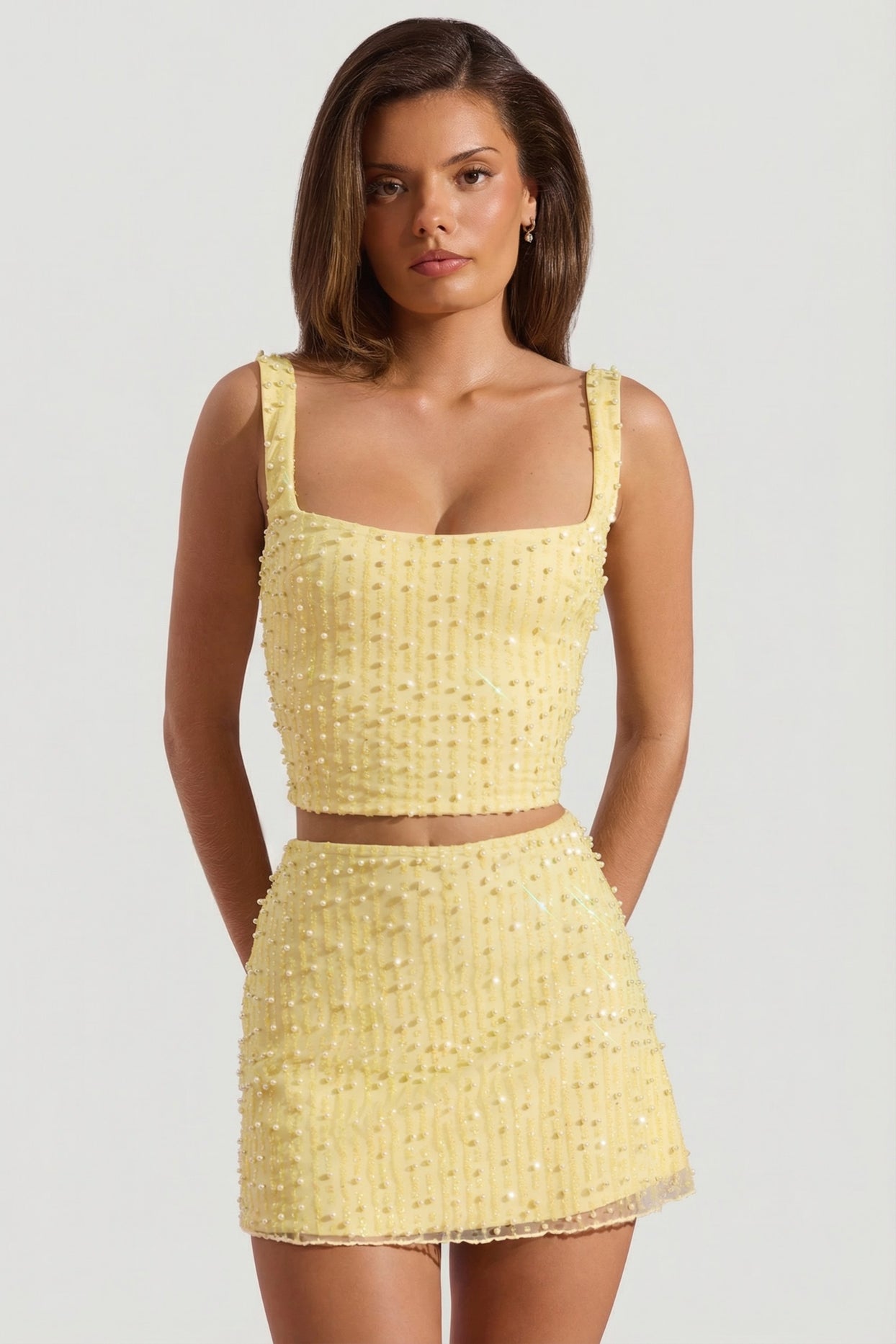 Embellished Square-Neck Crop Top in Yellow - 8