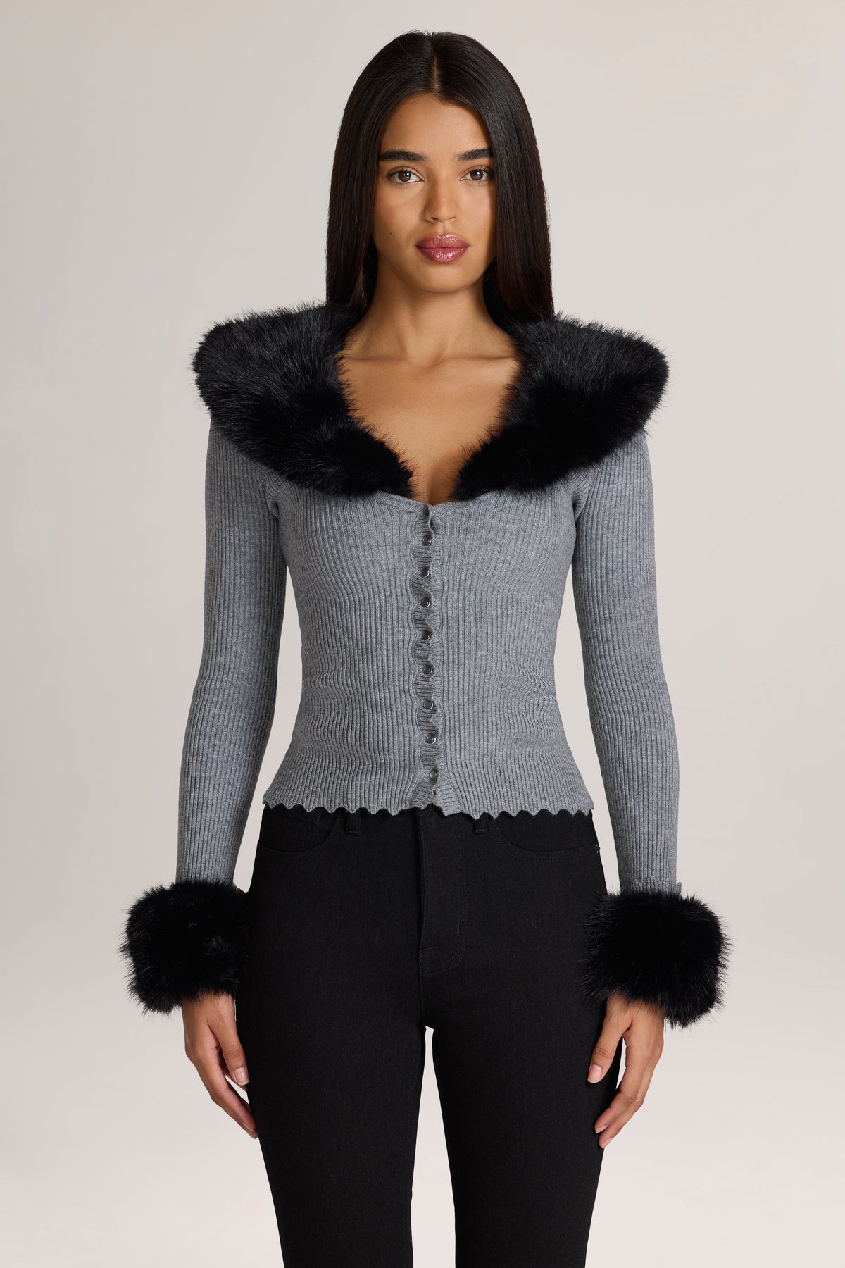 Knit Faux-Fur-Trim Cardigan in Charcoal Grey