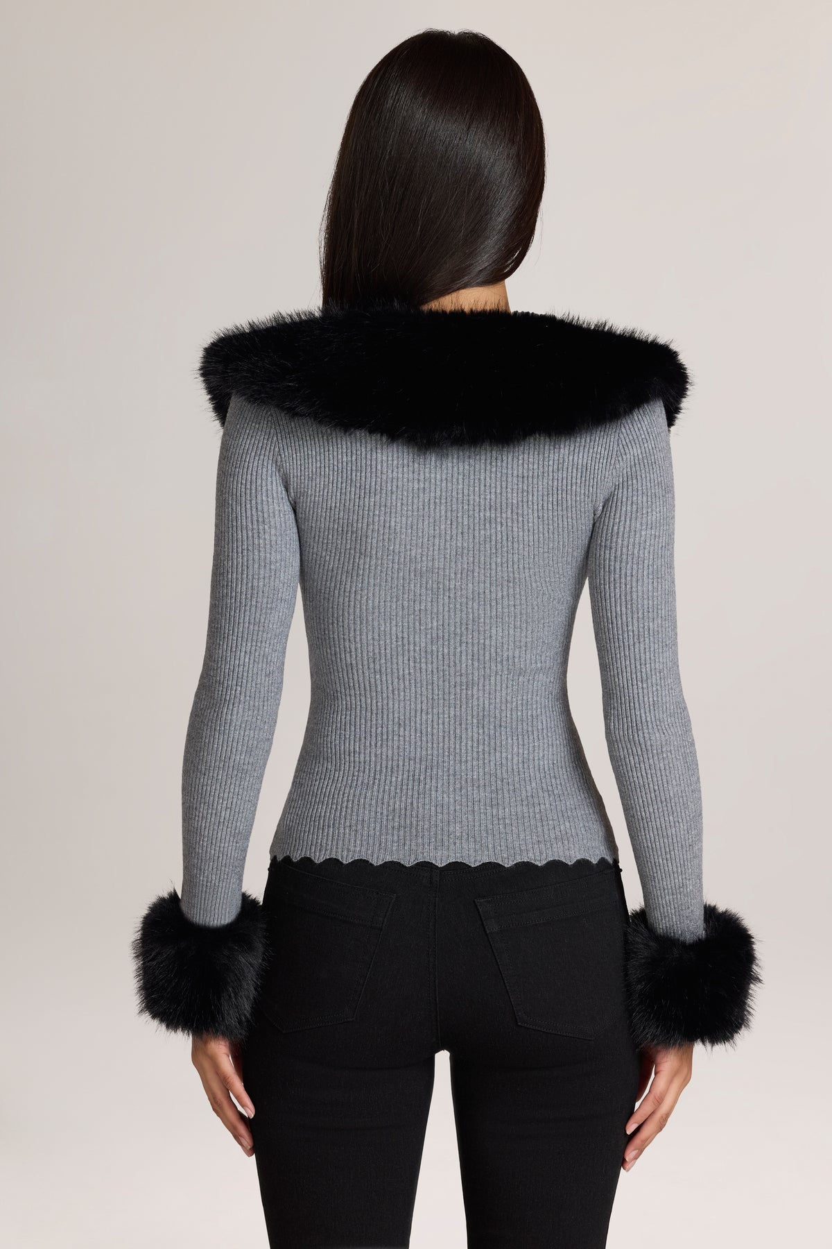 Knit Faux-Fur-Trim Cardigan in Charcoal Grey